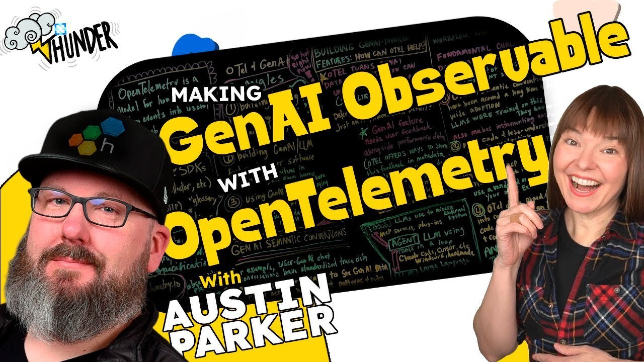 Thunder episode thumbnail featuring Whitney Lee and Austin Parker. Large stylized text reads 'Making GenAI Observable with OpenTelemetry' with 'with Austin Parker' below. Whitney appears on the right smiling and pointing upward, wearing a plaid shirt. Austin appears on the left wearing a black hat and glasses with a full beard. A lightboard with GenAI observability diagrams is visible in the background. The Thunder logo appears in the top left corner.