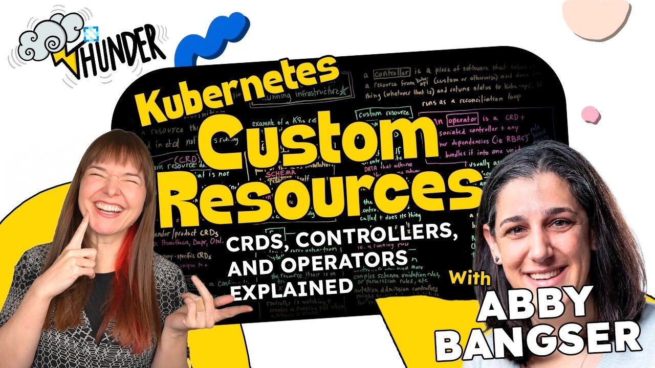 Whitney Lee and Abby Bangser standing at a lightboard covered with colorful handwritten text about Kubernetes custom resources, CRDs, controllers, operators, and admission controllers. The 🌩️Thunder show branding is visible.