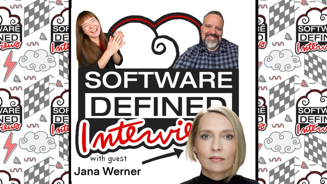 Software Defined Interviews podcast graphic with hosts Whitney Lee (top left, laughing and clapping) and Michael Coté (top right, smiling, bearded, in a blue plaid shirt) above the show logo with stylized clouds. Below, guest Jana Werner appears with short blonde hair and a black turtleneck. An arrow points to text reading "with guest Jana Werner."