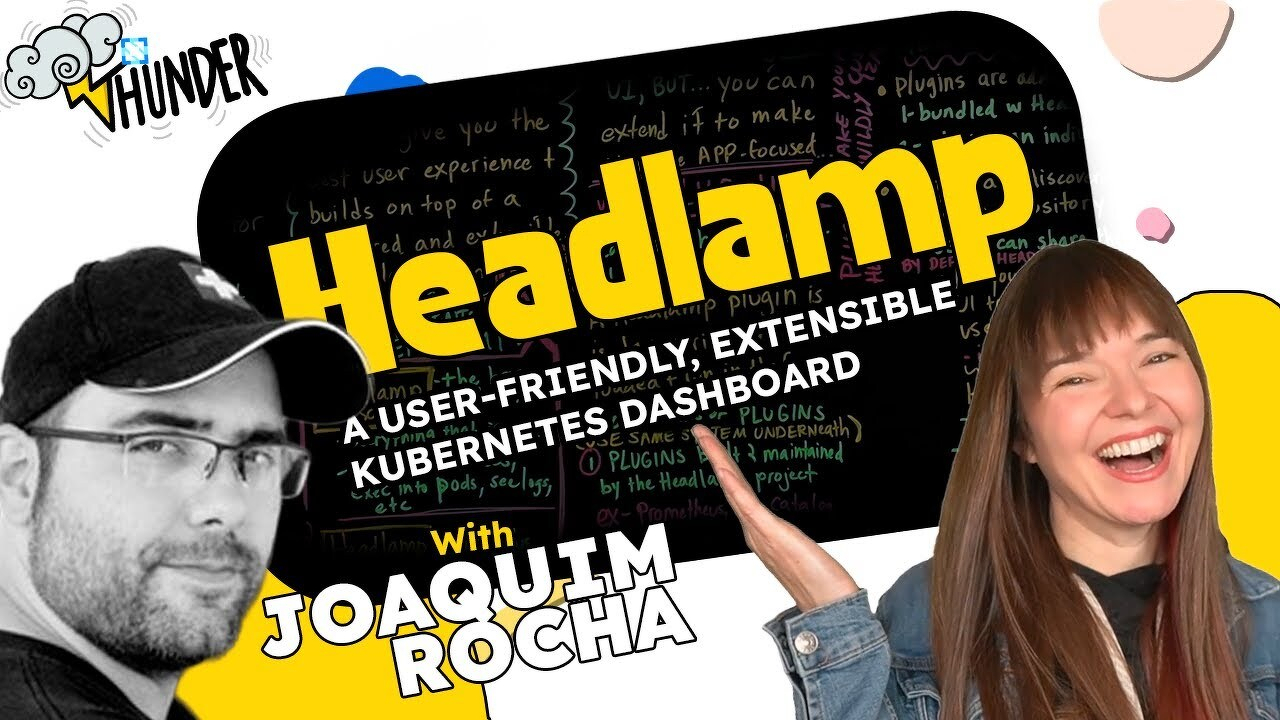 Thunder episode thumbnail featuring Whitney Lee and Joaquim Rocha. Large text reads "Headlamp" with subtitle "A User-Friendly, Extensible Kubernetes Dashboard". The Thunder logo appears in the corner.