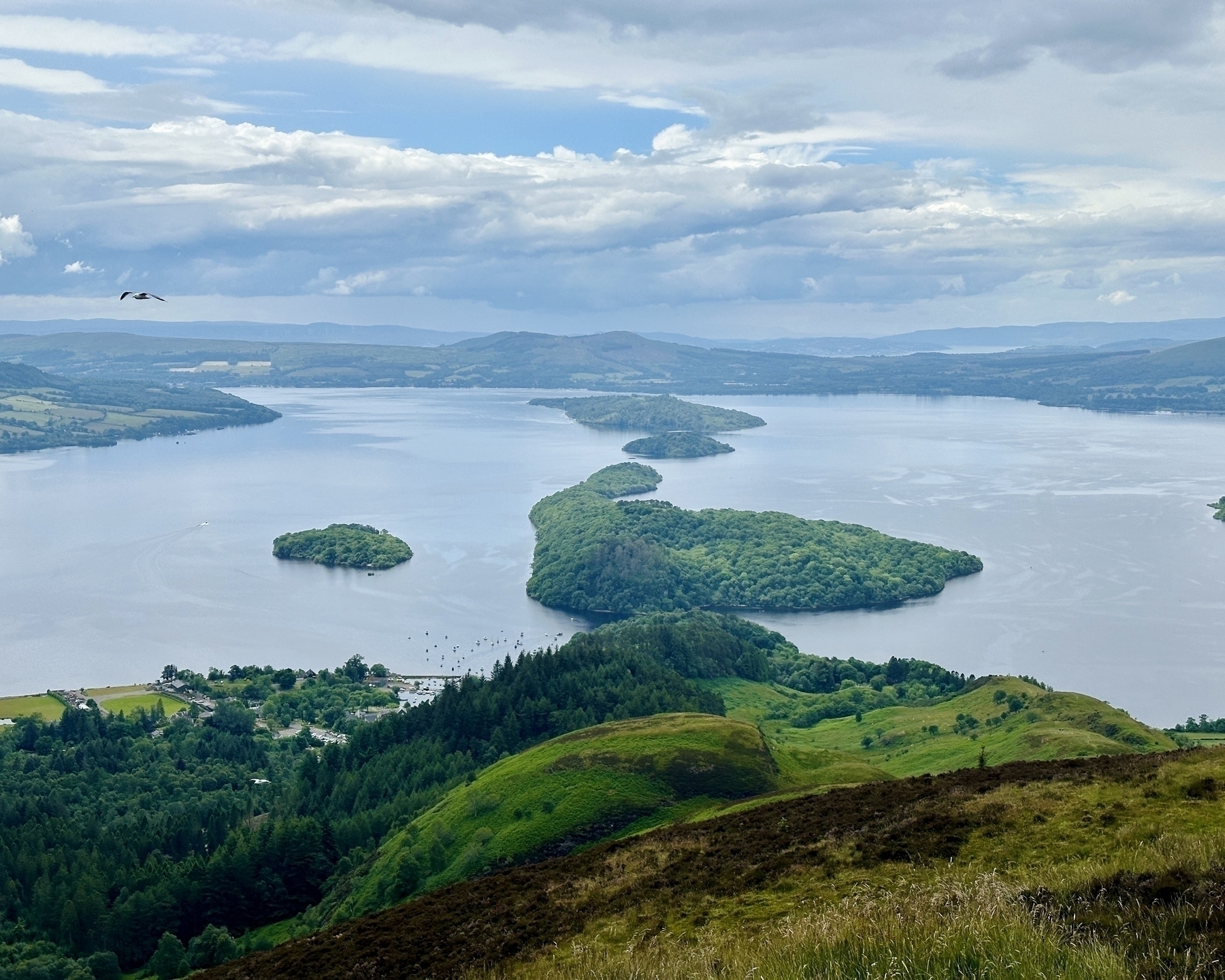 Auto-generated description: A serene landscape showing a large lake with several forested islands and lush green hills under a cloudy sky.