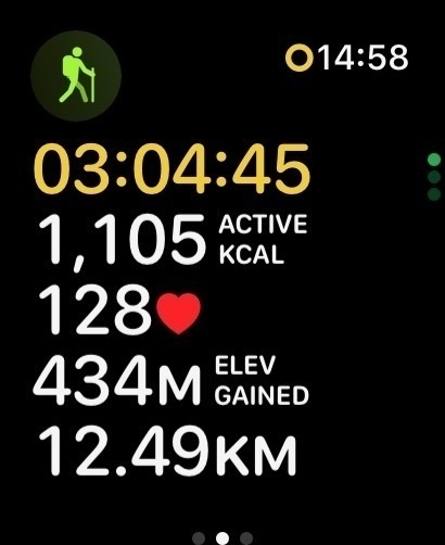 Auto-generated description: A fitness tracker display shows a hiking activity lasting 3 hours, 4 minutes, and 45 seconds, with 1,105 active calories burned, an average heart rate of 128 bpm, an elevation gain of 434 meters, and a distance of 12.49 kilometers at a time of 14:58.