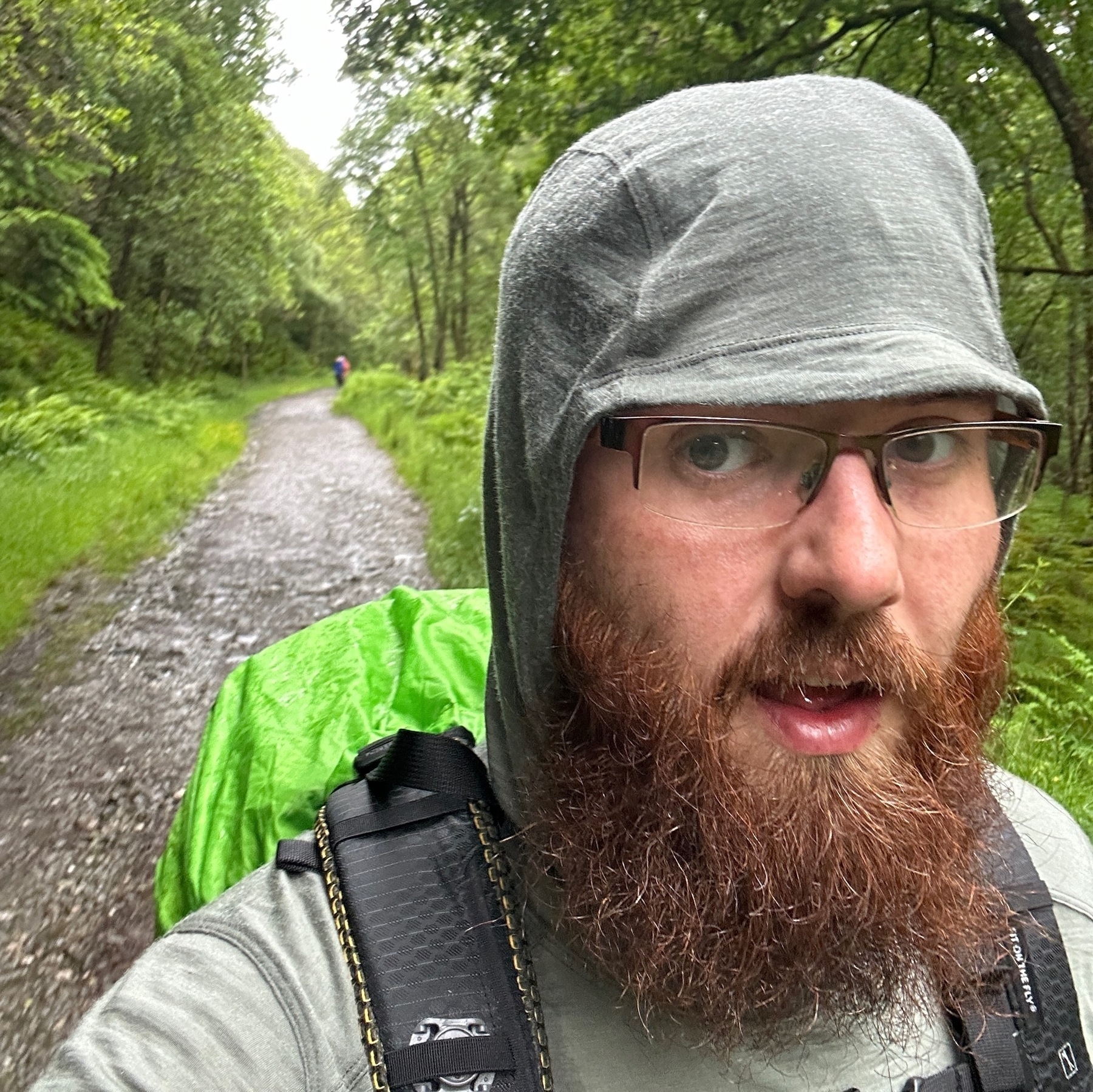 Auto-generated description: A person with glasses, wearing a sun hoodie, with a majestic beard is hiking on a forested trail carrying a backpack with a green cover. The ground looks a bit wet.