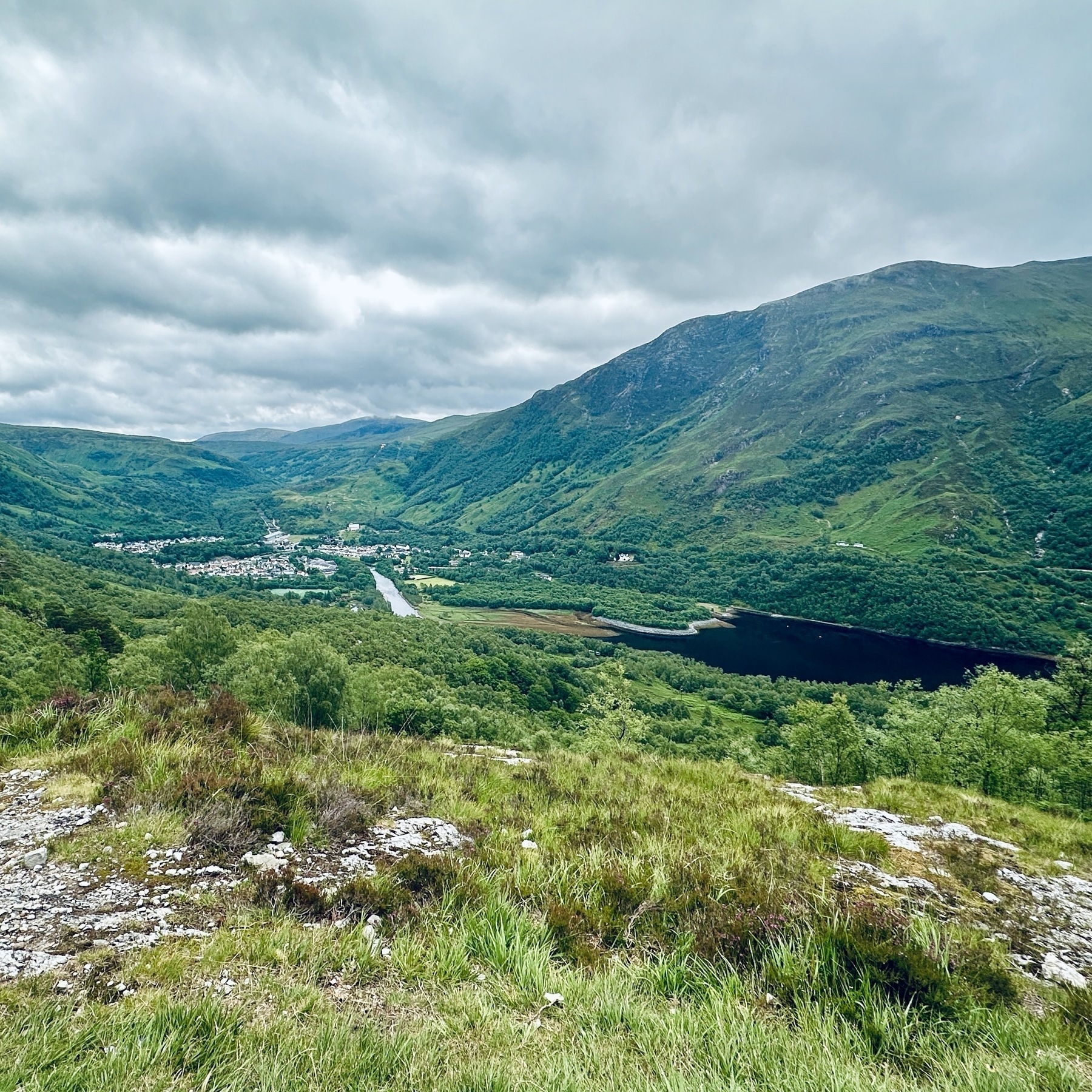 Auto-generated description: A picturesque landscape featuring a lush green valley with a small town, a winding river, and mountains in the background.