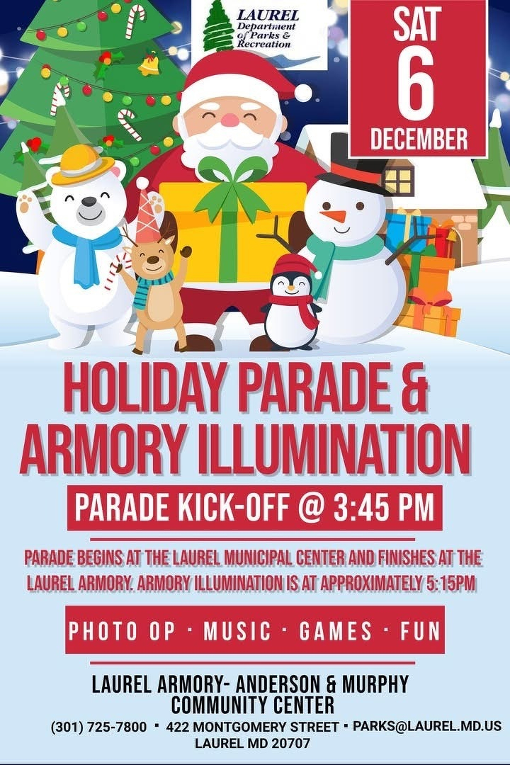 Auto-generated description: A festive holiday event poster advertises a parade and armory illumination on December 6, featuring Santa Claus, a snowman, and various activities at the Laurel Armory and Community Center.