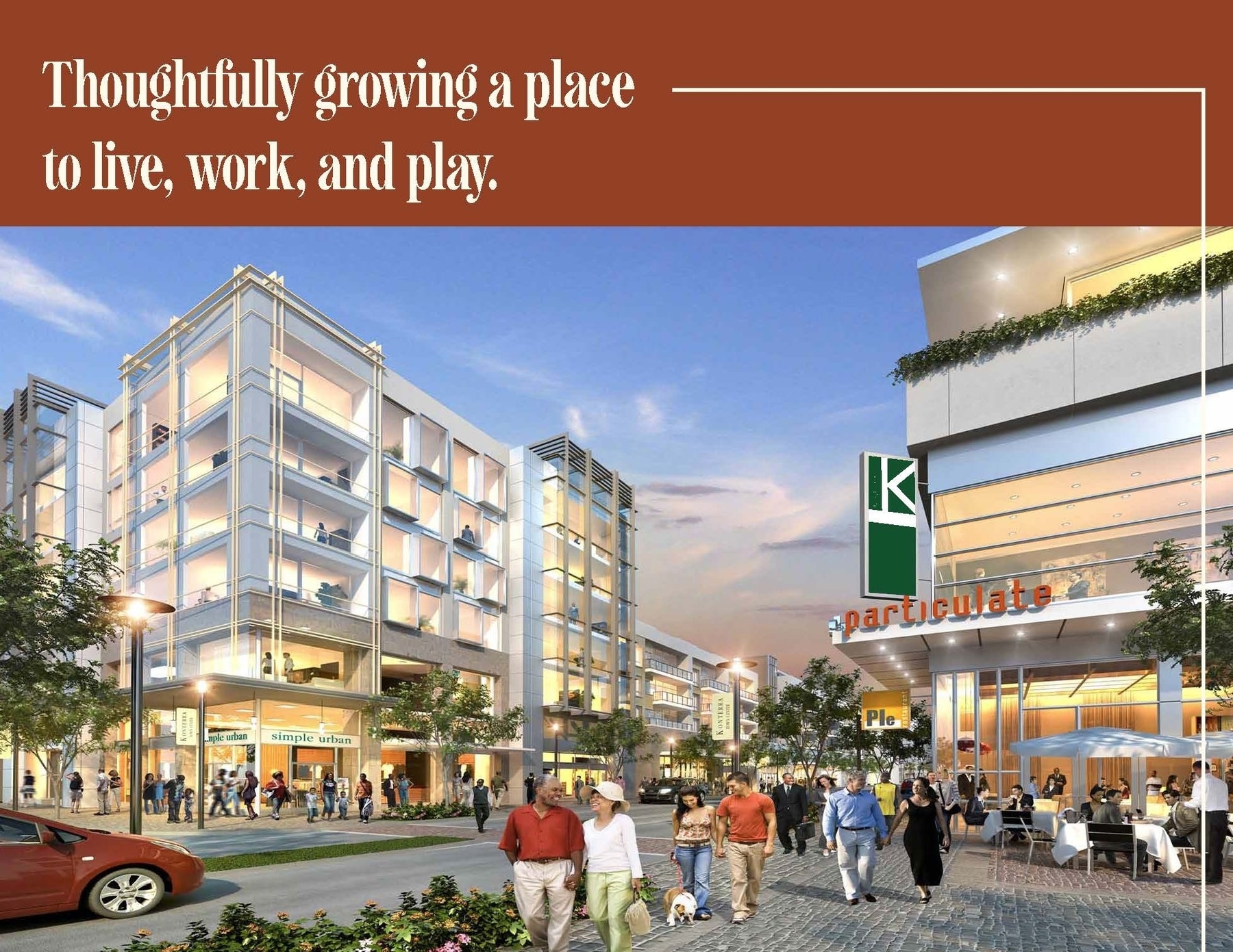 Auto-generated description: A bustling urban development features modern multi-story buildings, a lively outdoor plaza, and people walking and dining, with a message promoting growth and a place to live, work, and play.