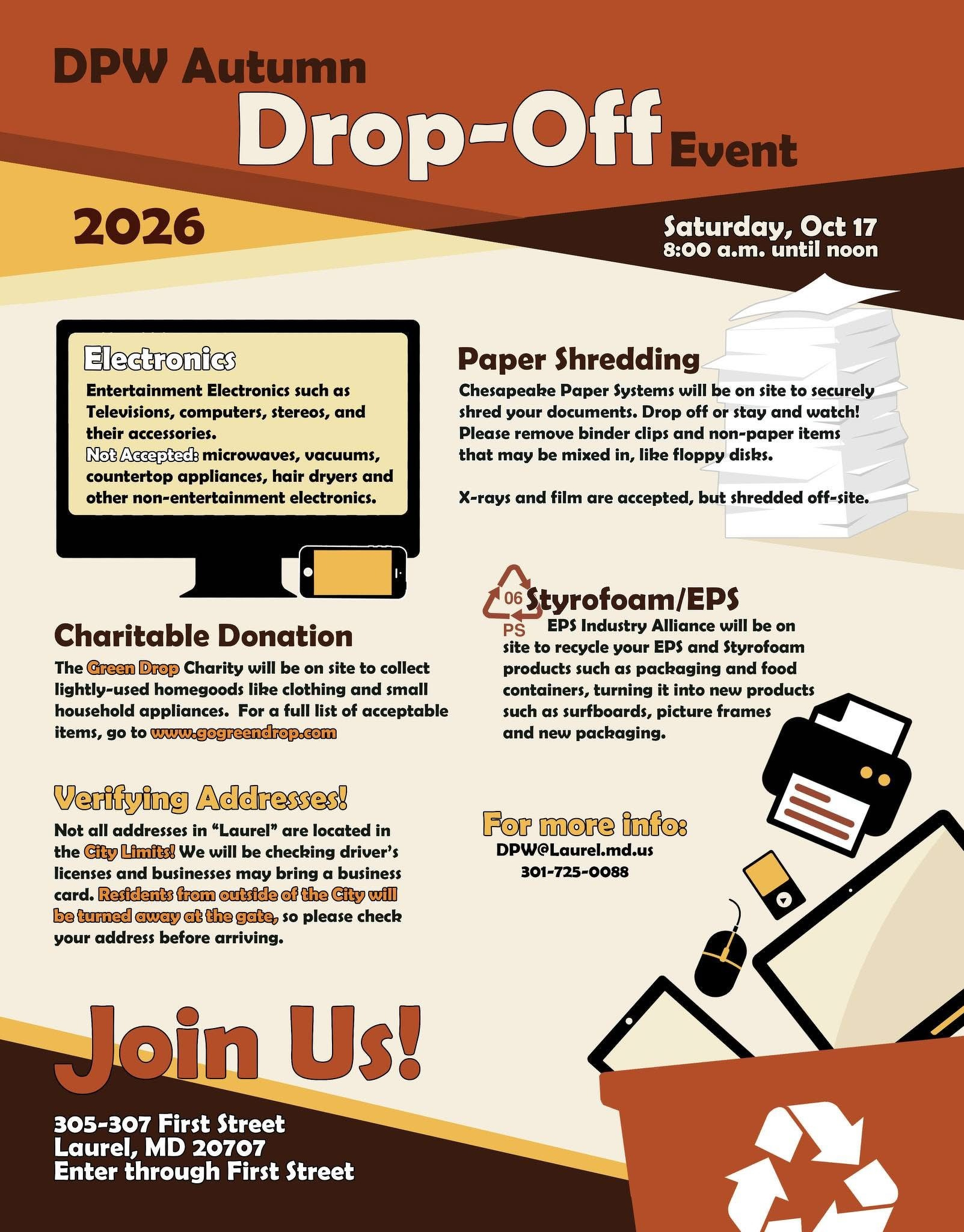 Auto-generated description: A flyer announces the DPW Autumn Drop-Off event on Saturday, October 17, 2026, offering services such as electronics recycling, paper shredding, charitable donations, EPS/Styrofoam recycling, and address verification in Laurel, MD.