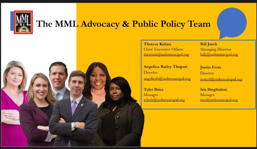 Auto-generated description: A team of six people is shown along with their names, titles, and email addresses on a colorful background labeled The MML Advocacy & Public Policy Team.