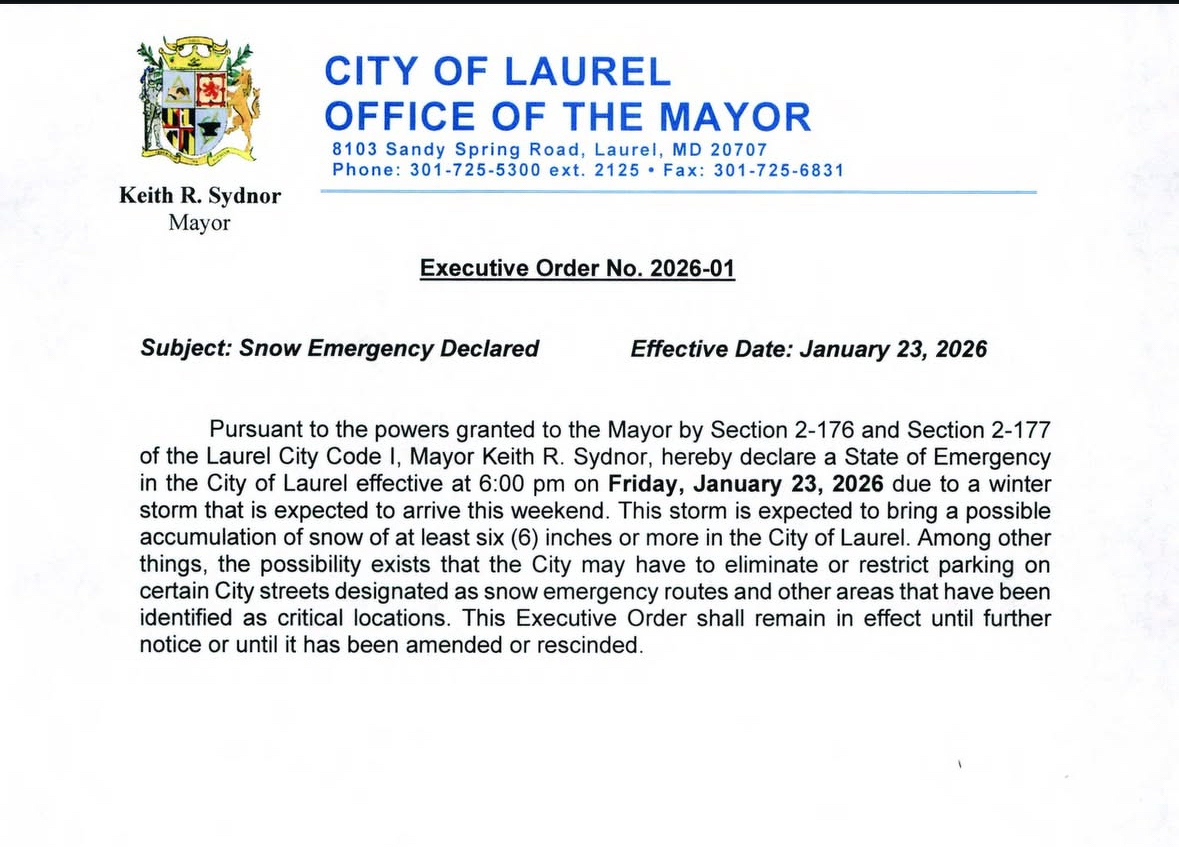Auto-generated description: A document from the City of Laurel's Office of the Mayor declares a snow emergency effective January 23, 2026, due to a major storm.