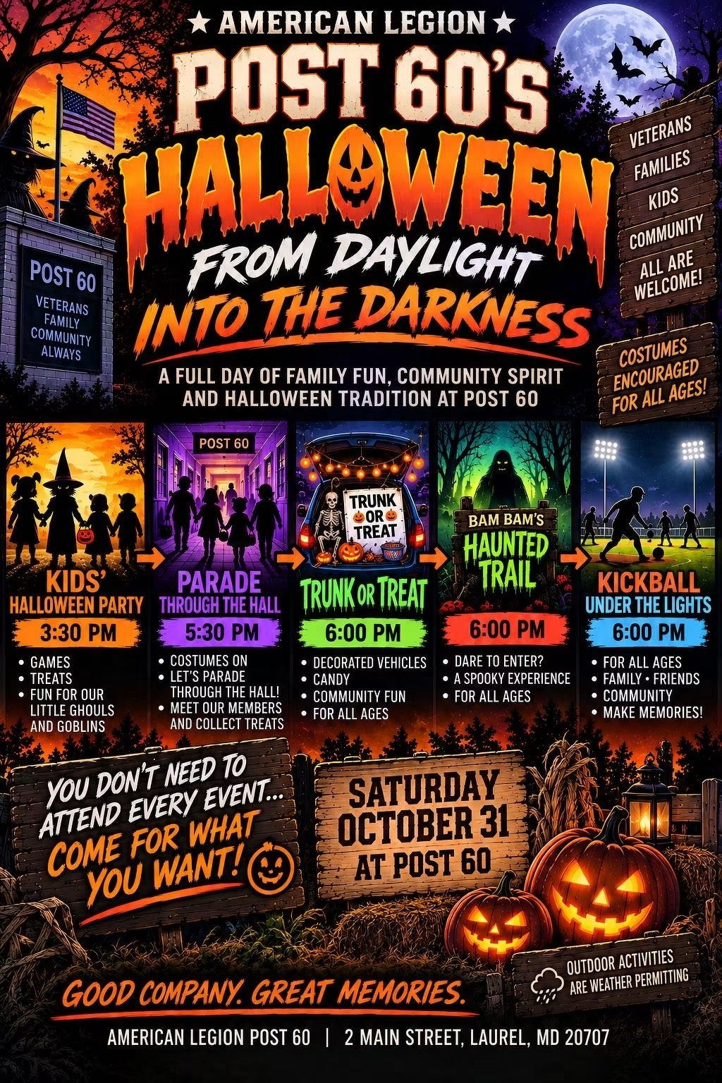 Auto-generated description: An event flyer promotes American Legion Post 60’s Halloween celebration on October 31 with activities including a kids' party, parade, trunk or treat, haunted trail, and kickball under the lights, emphasizing family fun and community spirit.