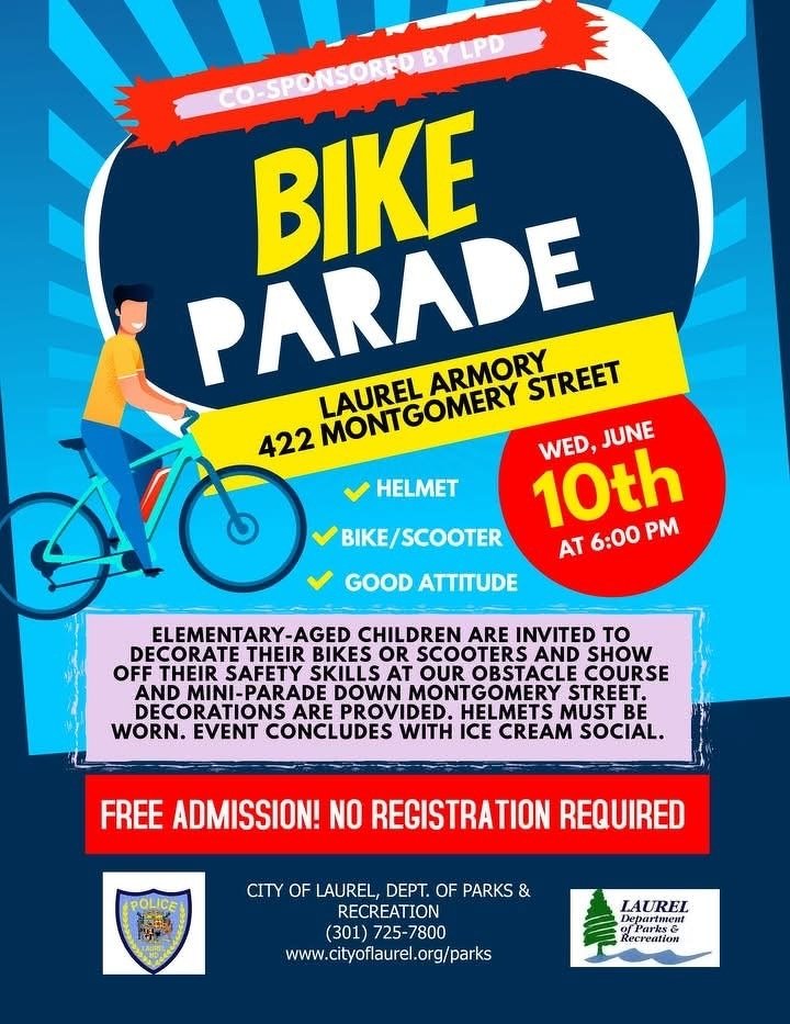 Auto-generated description: A colorful poster announces a Bike Parade event at Laurel Armory with details on date, time, and safety requirements for participating elementary-age children.
