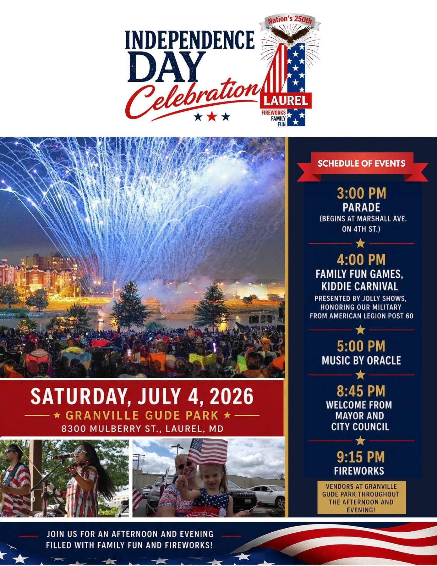 Auto-generated description: An Independence Day celebration in Laurel on Saturday, July 4, 2026, features a parade, family games, music, a mayoral welcome, and fireworks at Granville Gude Park.