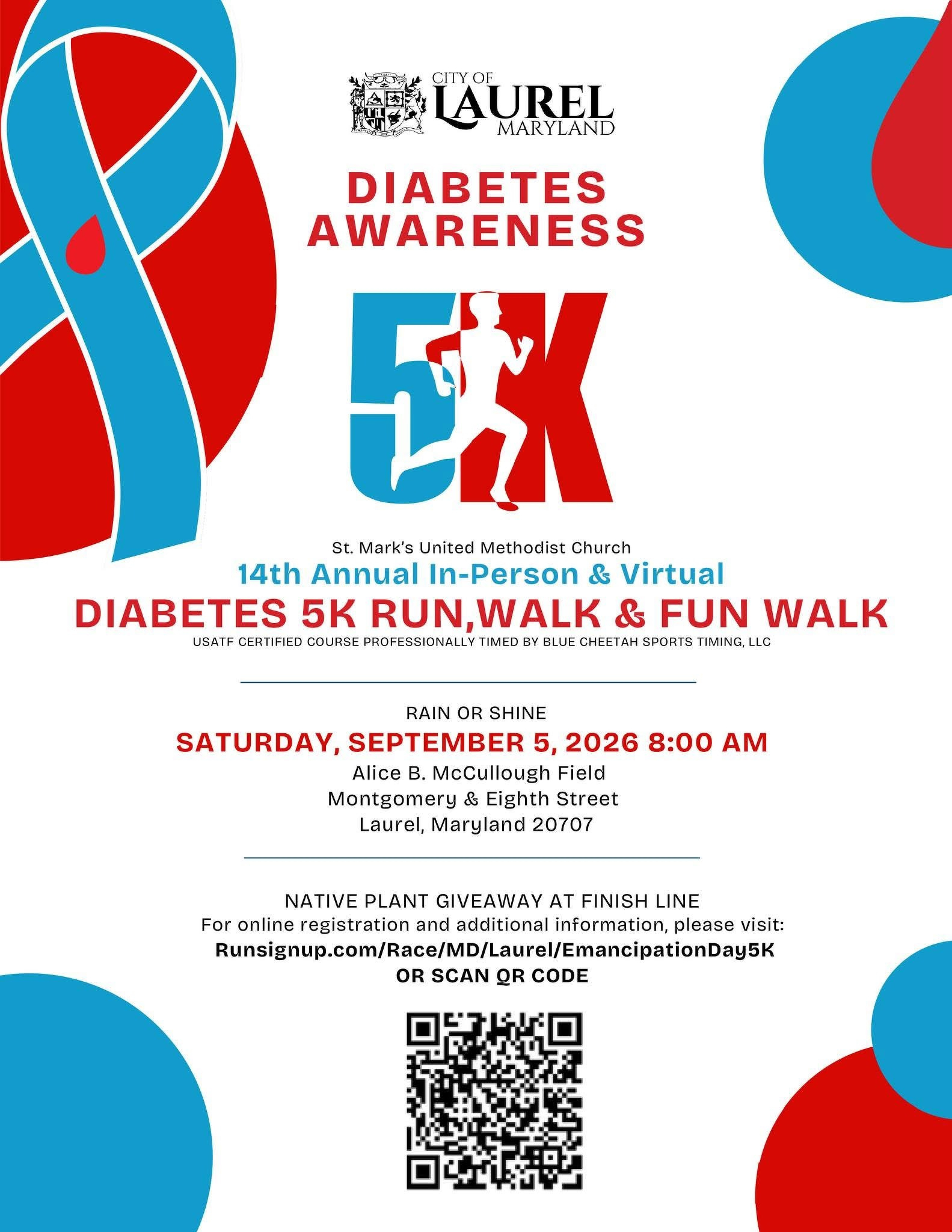 Auto-generated description: The City of Laurel, Maryland is hosting the 14th Annual In-Person & Virtual Diabetes 5K Run, Walk & Fun Walk on Saturday, September 5, 2026, at 8:00 AM at Alice B. McCullough Field.
