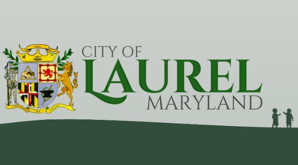 Auto-generated description: A logo for the City of Laurel, Maryland, featuring a coat of arms and the silhouette of two children.