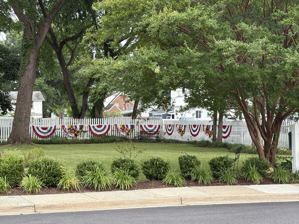 A white picket fence decorated with red, white, and blue patriotic bunting is surrounded by green bushes and trees in a suburban yard.