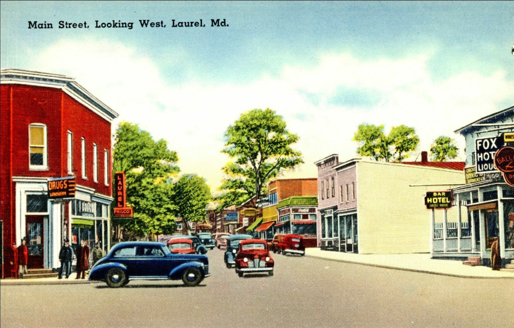 Auto-generated description: A vintage street scene in Laurel, Maryland, showcases classic cars, historic buildings, and storefronts like a drug store and a hotel.