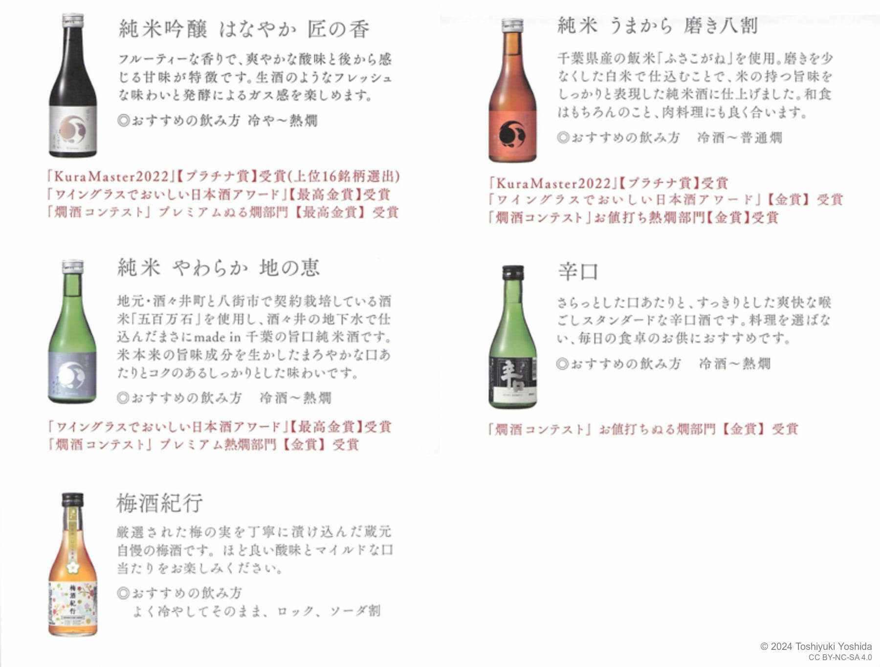 A selection of Japanese sake bottles with descriptions and awards displayed underneath.