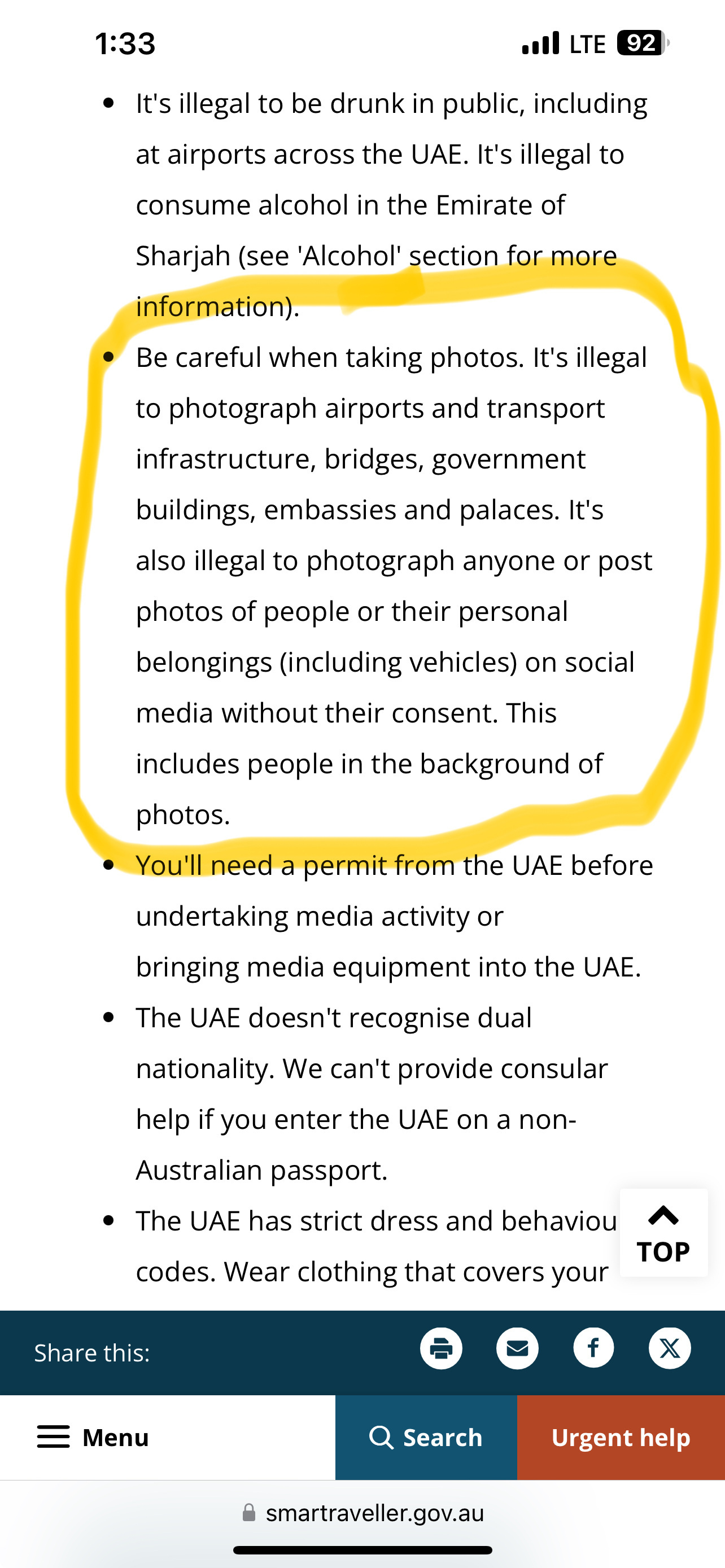 Screenshot of travel rules for UAE; basically, don’t take photographs of places or people, even in the background.