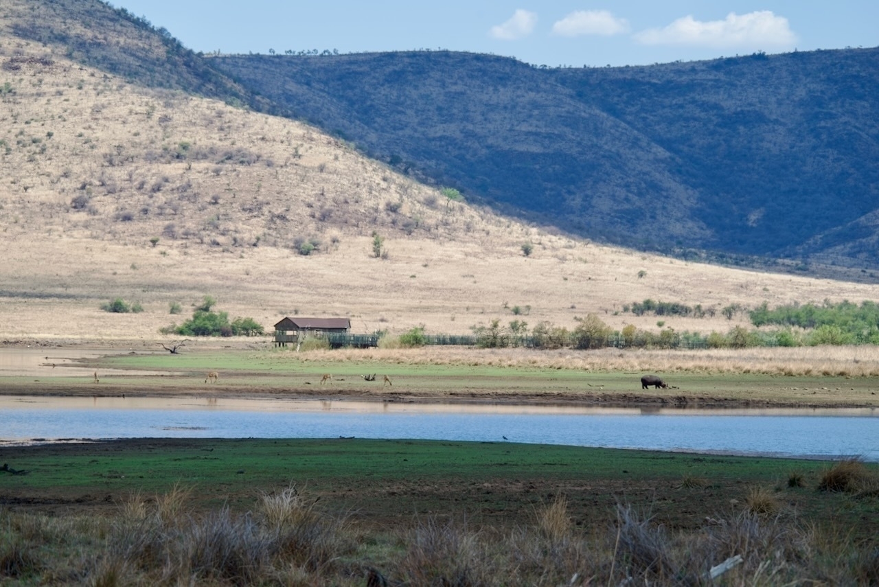 Auto-generated description: A serene landscape features a small house by a river, with dry grassland and mountains in the background.