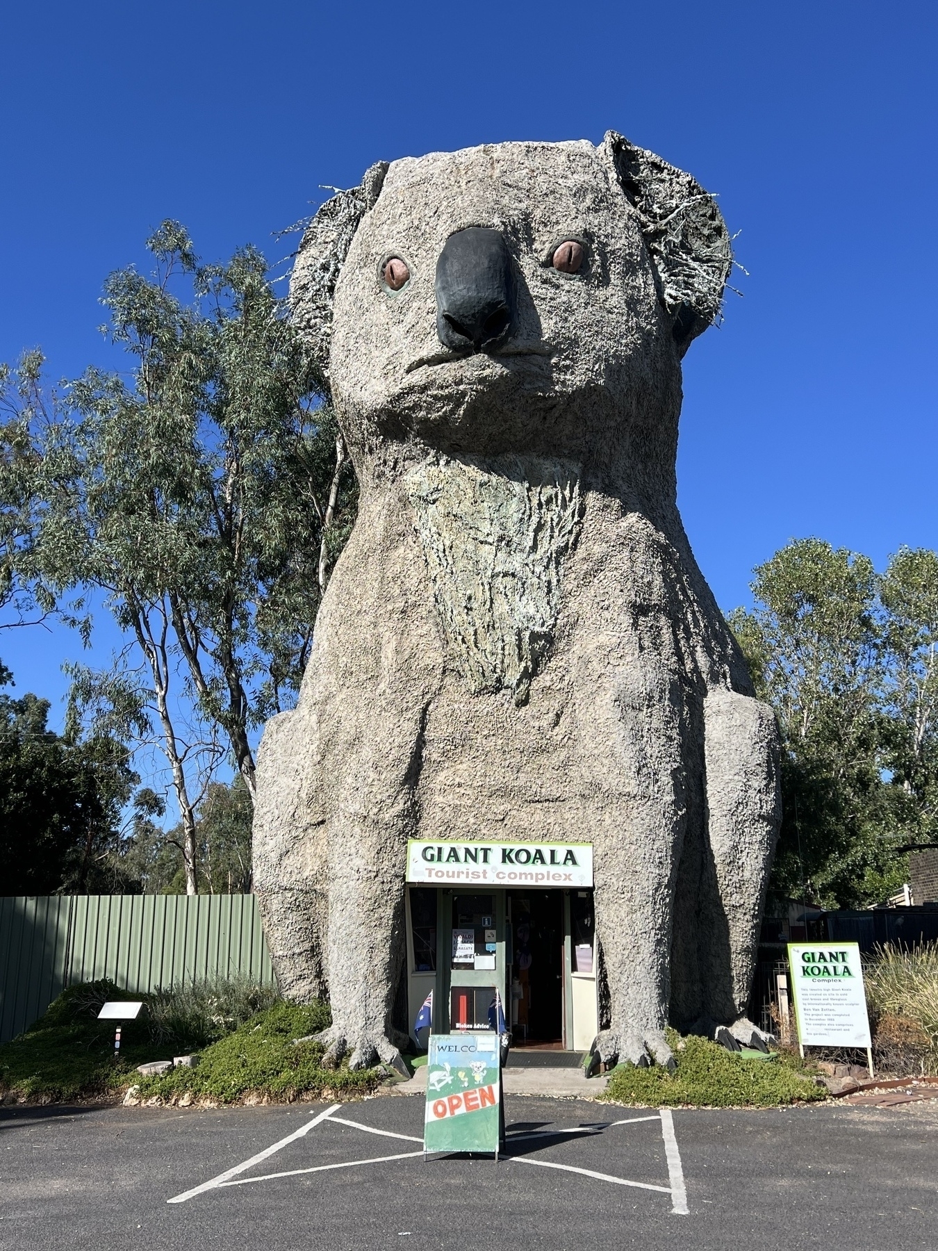 A large stone sculpture of a koala serves as the entrance to the Giant Koala Tourist Complex, with signs indicating it is open.