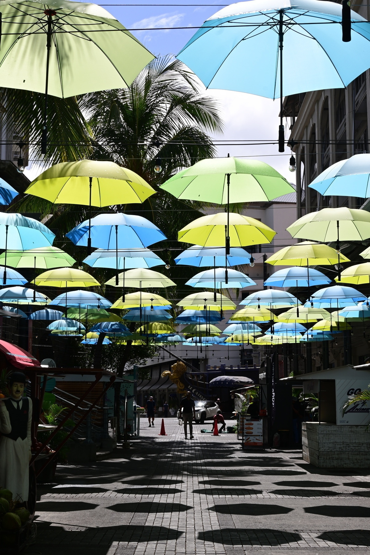 Auto-generated description: Colorful umbrellas are suspended overhead along a street lined with palm trees and shops.