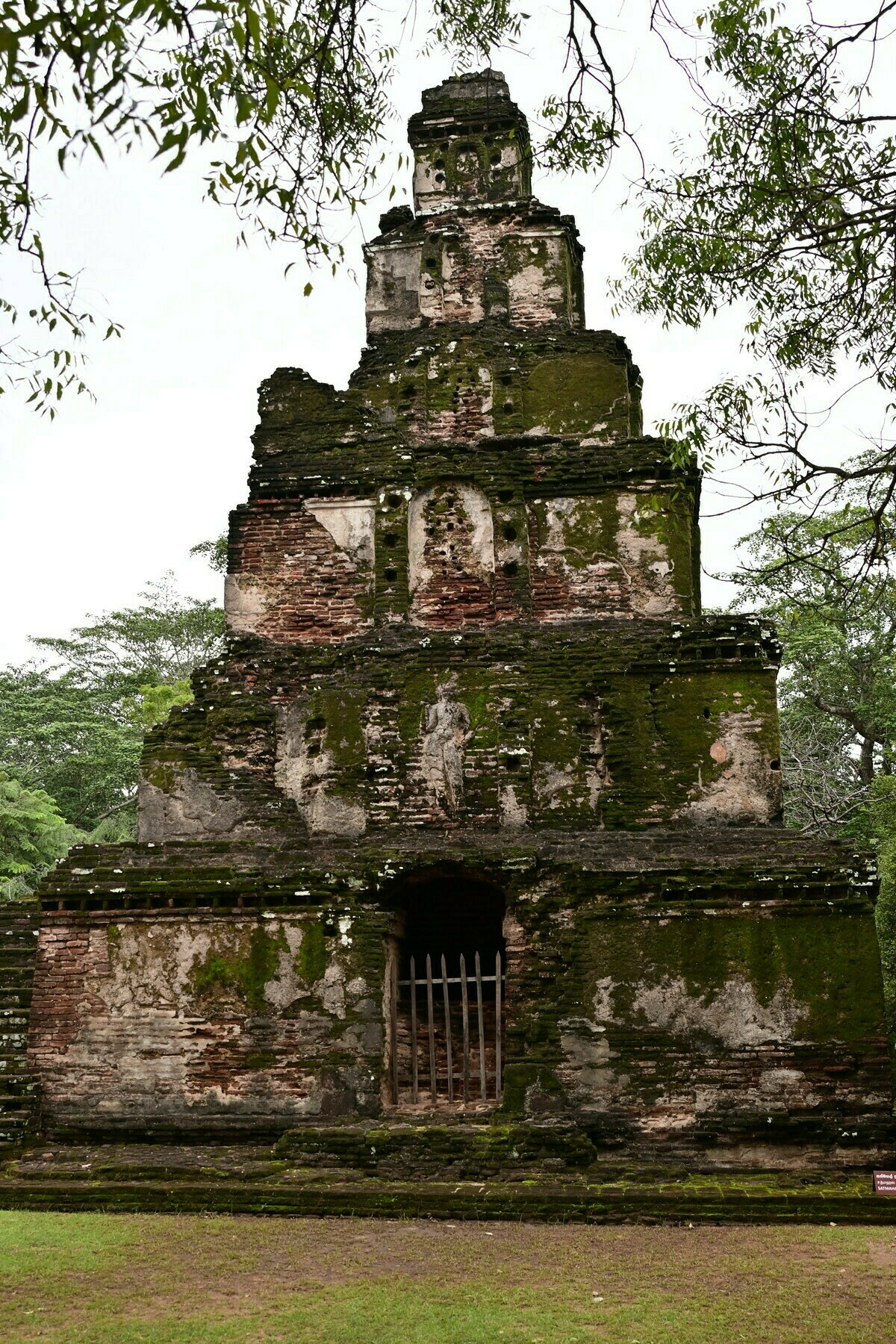 Auto-generated description: A weathered, ancient brick structure overgrown with moss stands surrounded by greenery.