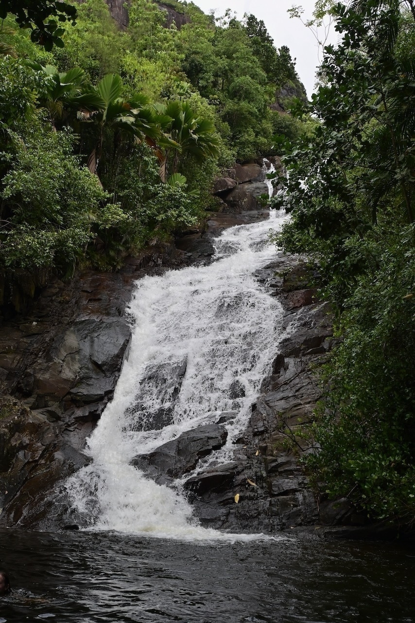 Auto-generated description: A waterfall cascades down a rocky hillside surrounded by lush green foliage.