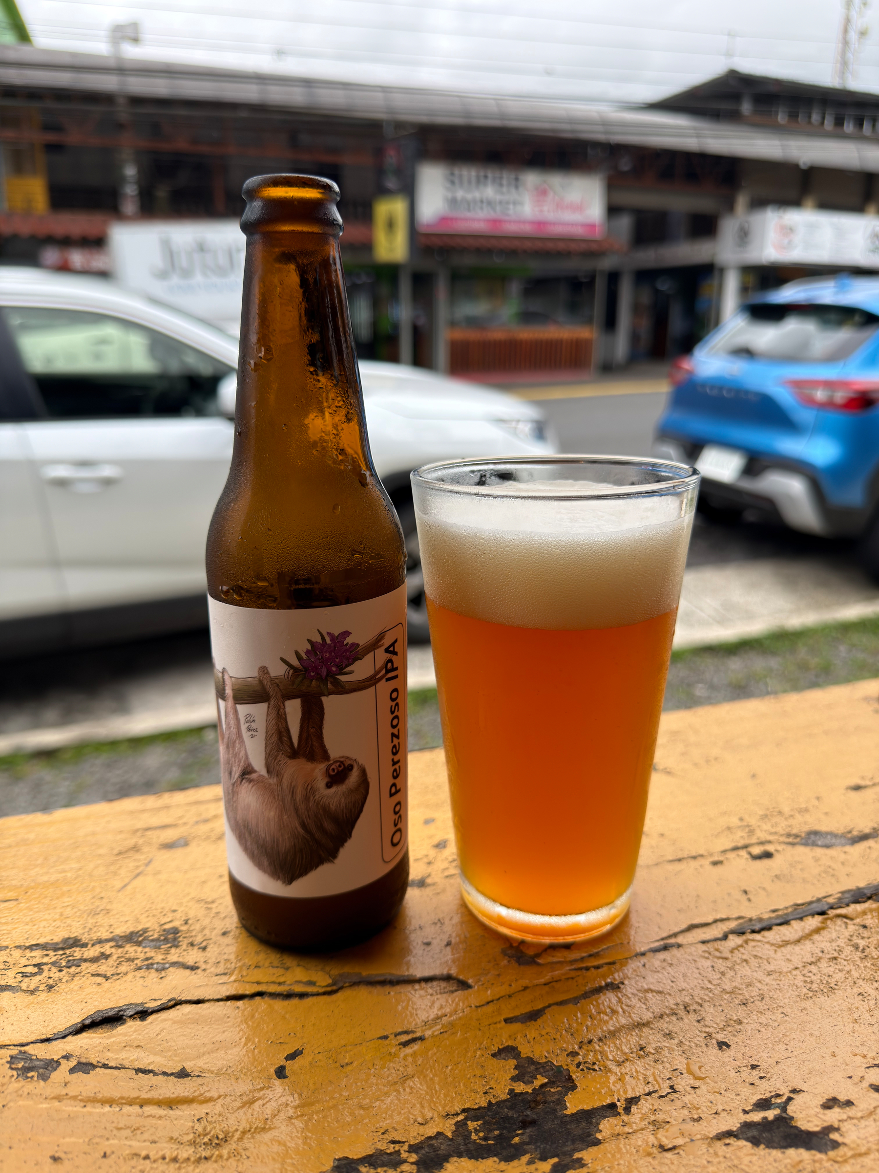 A bottle of beer with a sloth illustration sits next to a glass filled with amber-colored beer on a wooden surface, with cars and shops visible in the background.