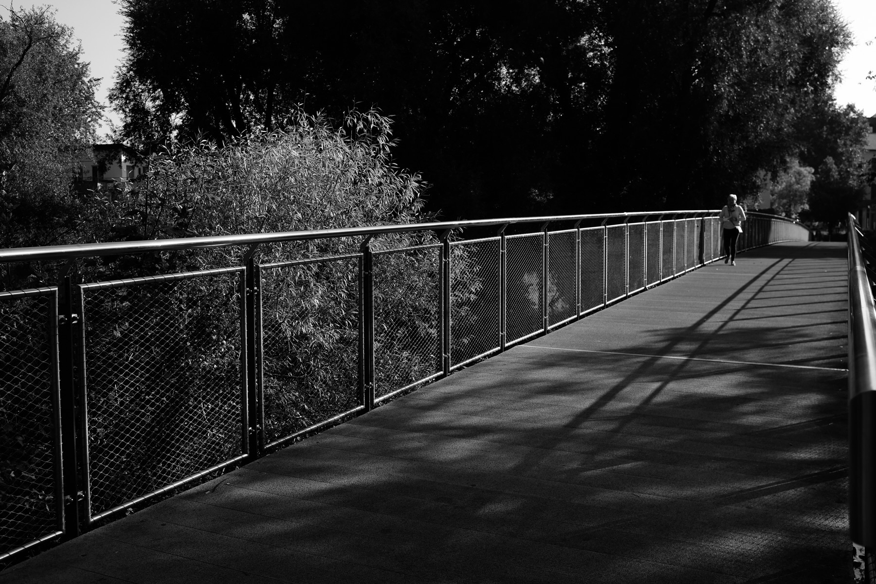 A black and white photo of a long pedestrian bridge with metal railings and chain-link fencing. Shadows from the railings stretch across the bridge’s surface, and there are trees and foliage in the background. A solitary person is walking toward the camera.