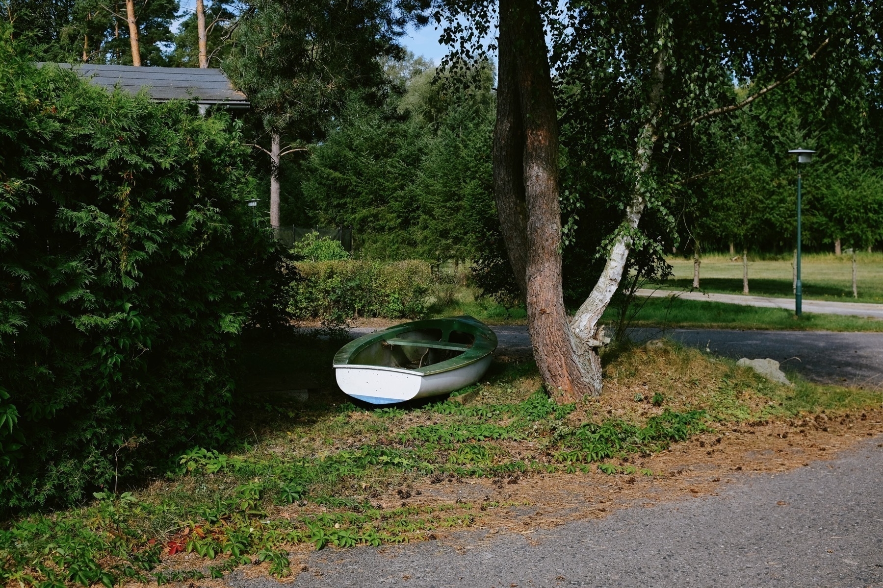 A serene green space with trees, a winding path, and a boat resting peacefully on the grass.