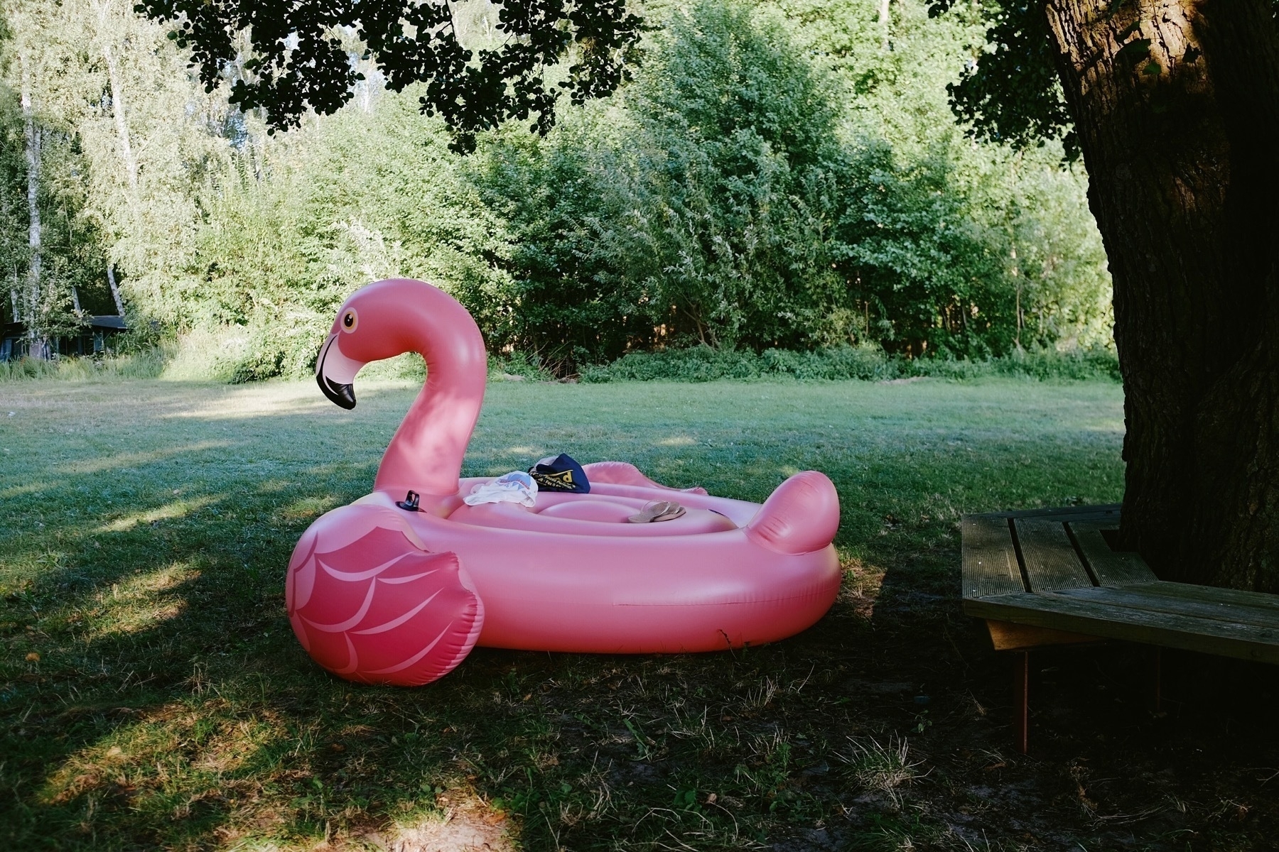 Giant pink flamingo pool float on grass with trees and a wooden bench in the background, under a sunny sky.