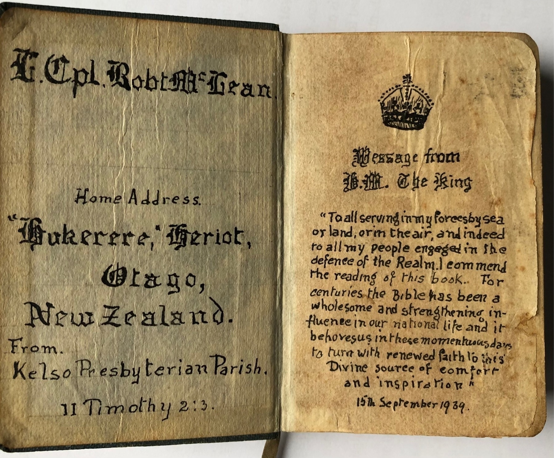 Photo of inside cover of small New Testament bible, with inscription to Lance Corporal Robert MacLean