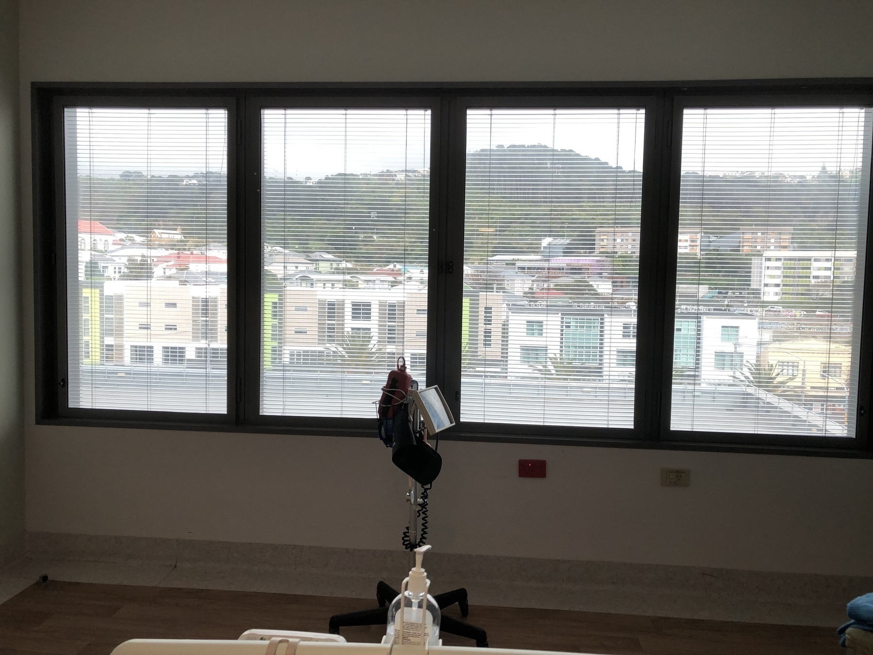 Auto-generated description: A hospital room window offers a view of a town and distant hills under cloudy skies.