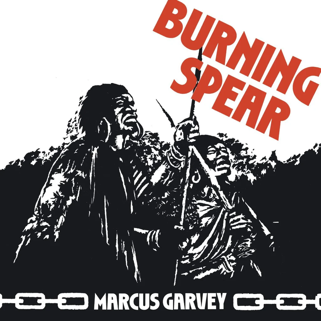 Cover of Burning Spear record Marcus Garvey. The picture shows two figures holding spears. The title Marcus Garvey is written along the bottom of the picture and Burning Spear's name is diagonally at the top.