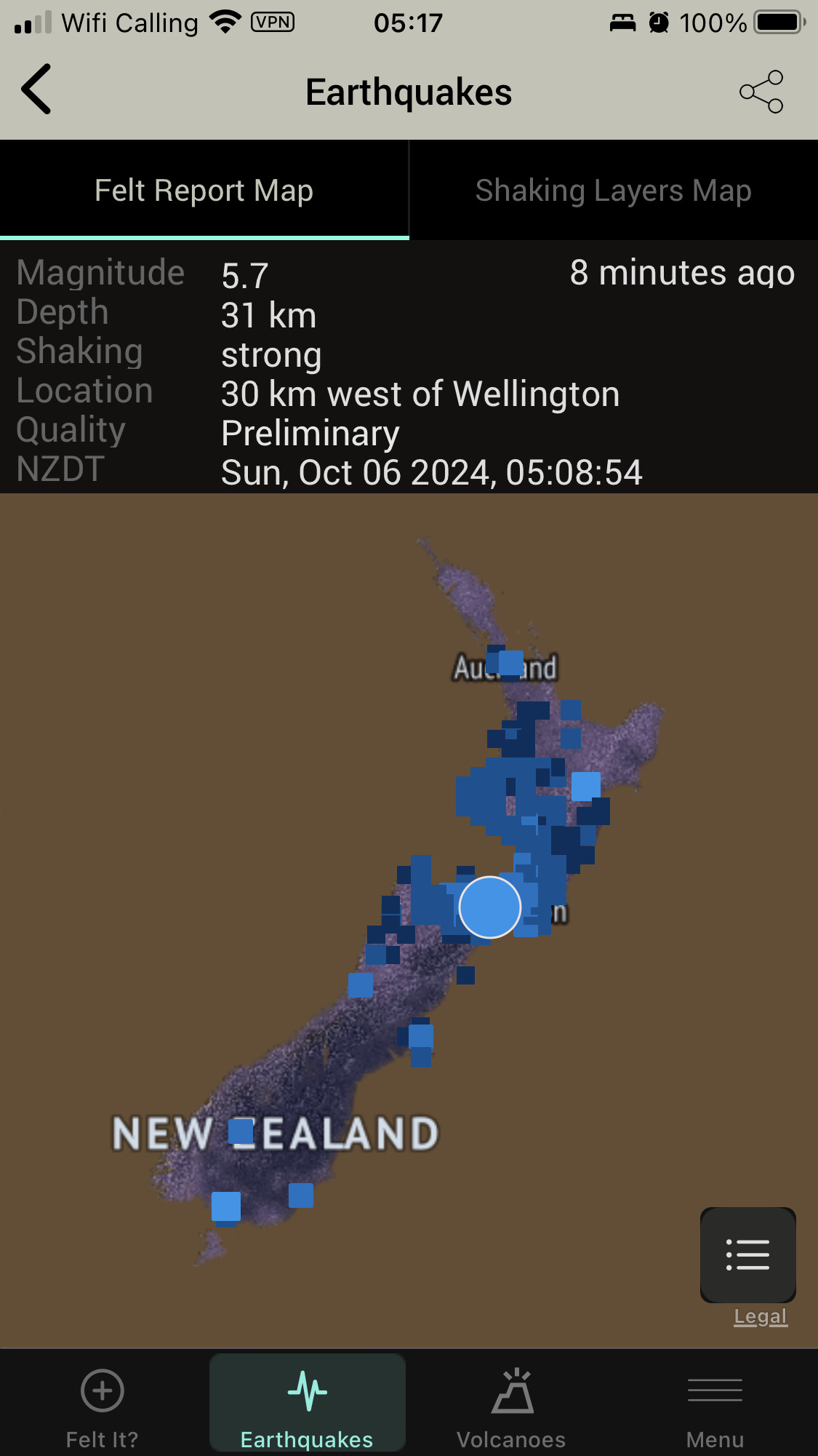 A map shows a recent earthquake in New Zealand with a magnitude of 5.7, located 30 km west of Wellington, at a depth of 31 km, reported 8 minutes ago.