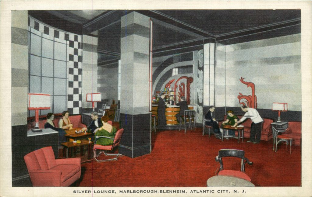 A vintage lounge interior features stylish seating, patterned walls, and patrons being served drinks.