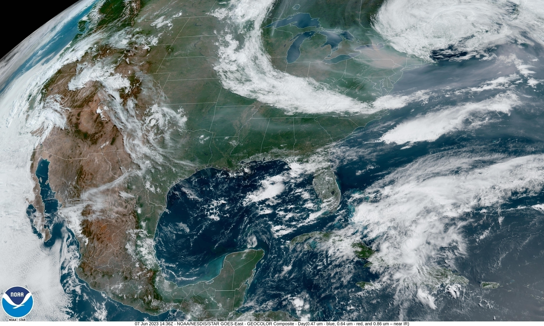 GOES satellite view of the continential united states showing smoky air