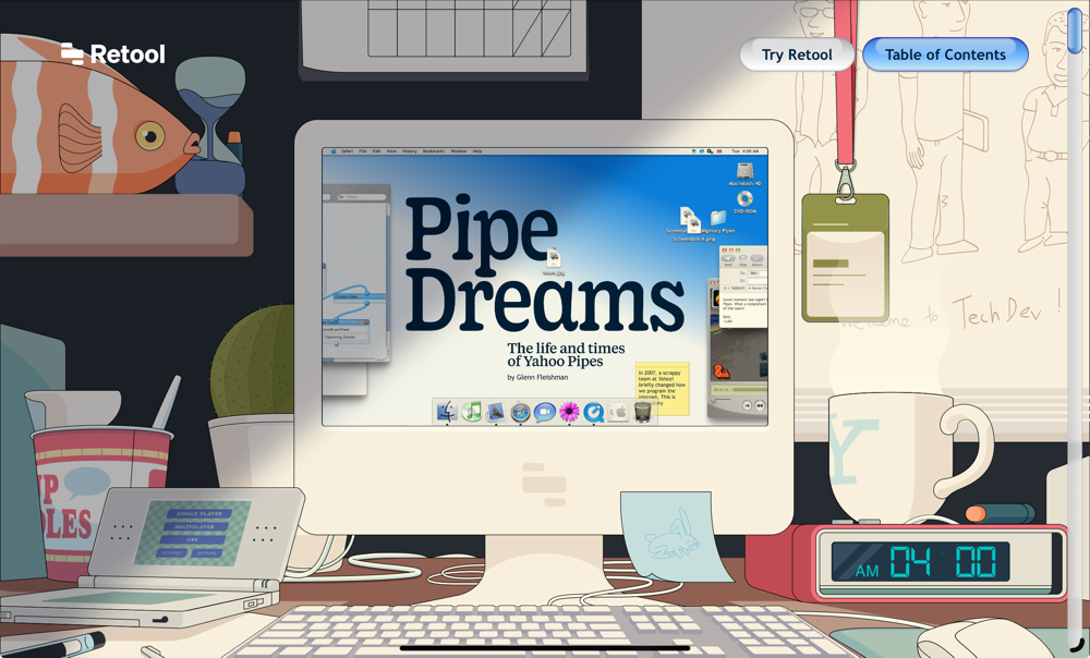 An artistic rendition of a late 90s/early 2000s desk with an iMac showing the Mac OS X desktop and text that reads “Pipe Dreams. The life and times of Yahoo Pipes”
