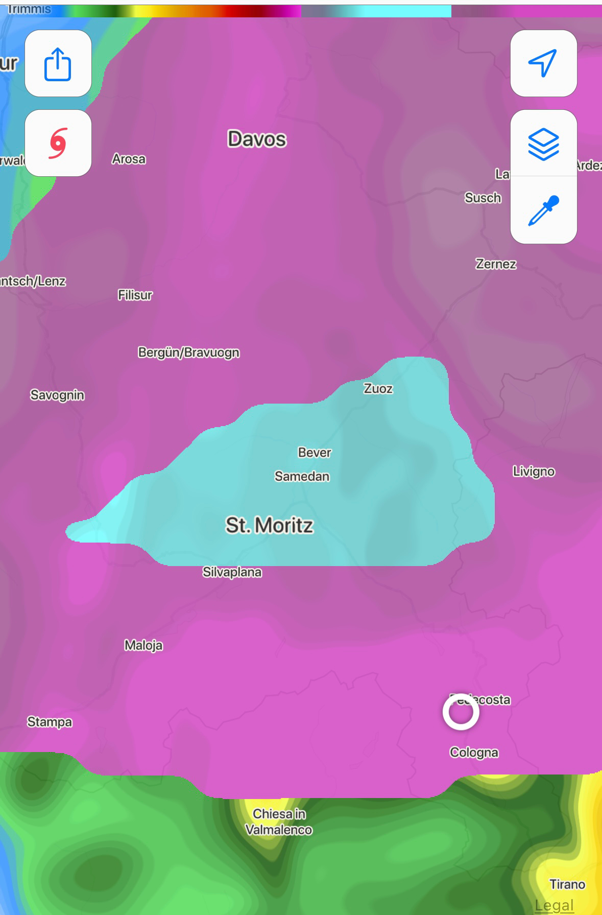 A weather map showing temperature gradients in a region that includes cities like Davos, St. Moritz, and Livigno. The map uses color coding to indicate different temperature zones. Snow is indicated in a ring around St. Moritz. 