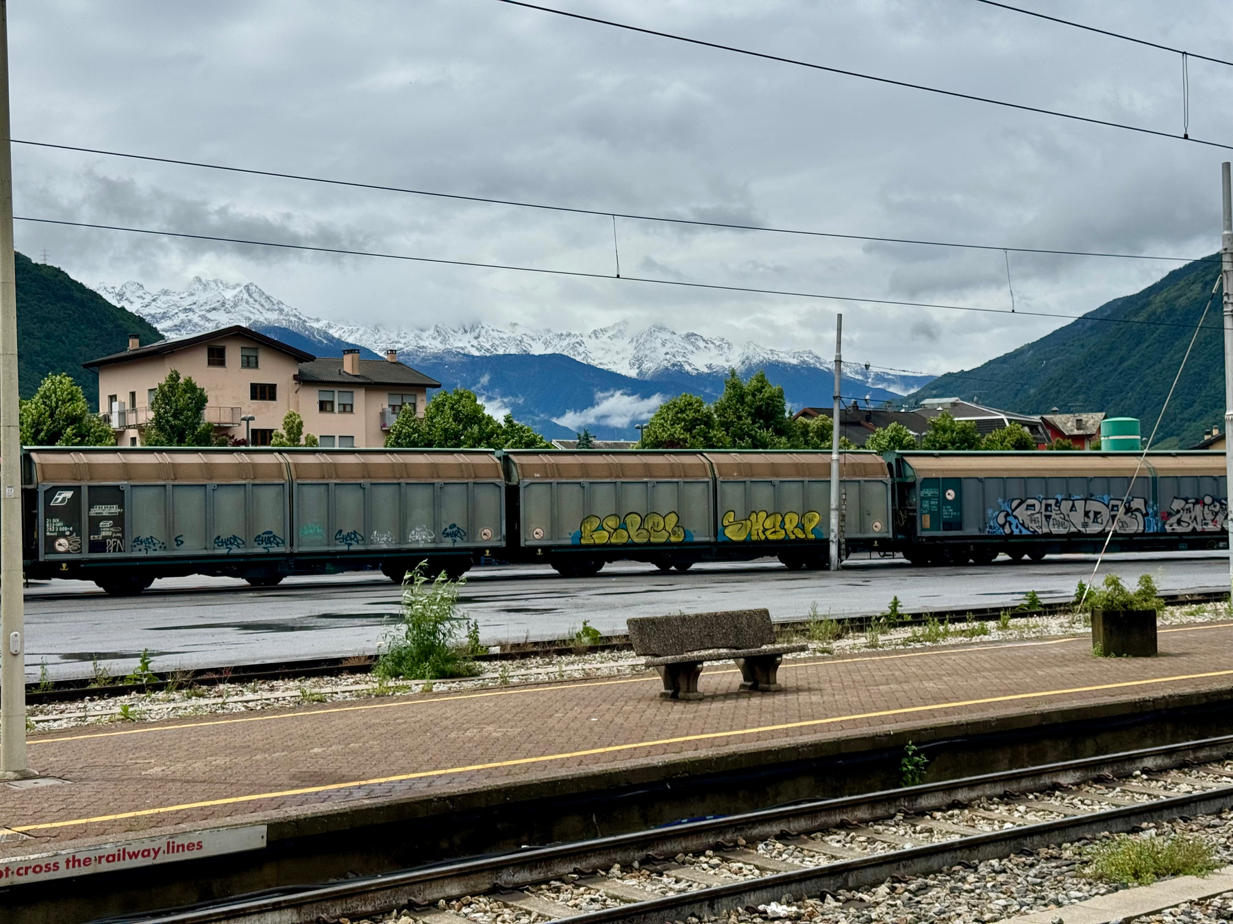 A railway station platform with a bench and a view of train cars covered in graffiti. In the background are residential buildings and snow-capped mountains under a cloudy sky.