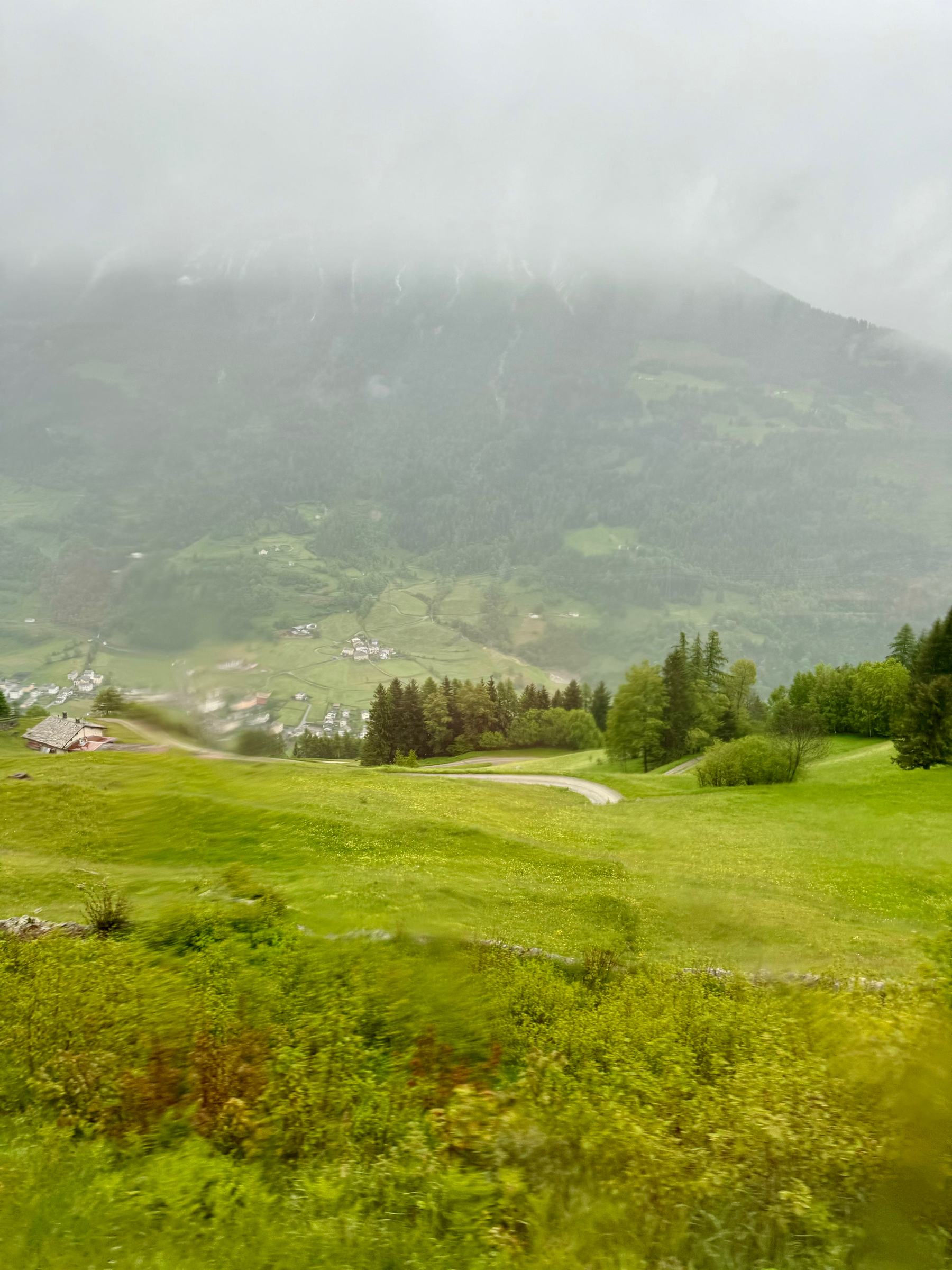 A scenic landscape featuring lush green fields, winding paths, and a few scattered houses, all set against a backdrop of forested hills partially obscured by fog and mist.