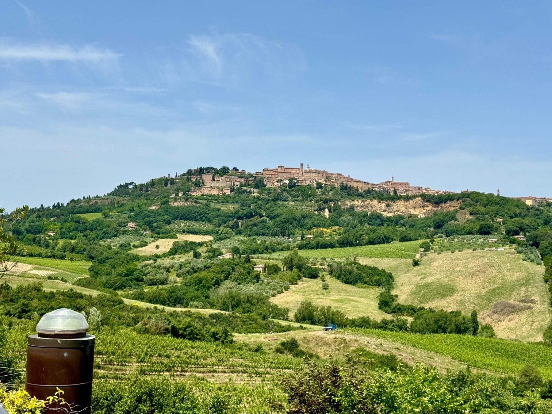 A picturesque landscape featuring a historic town on a hilltop surrounded by lush green fields and vineyards. The town has a mix of medieval buildings, which blend seamlessly into the verdant landscape.