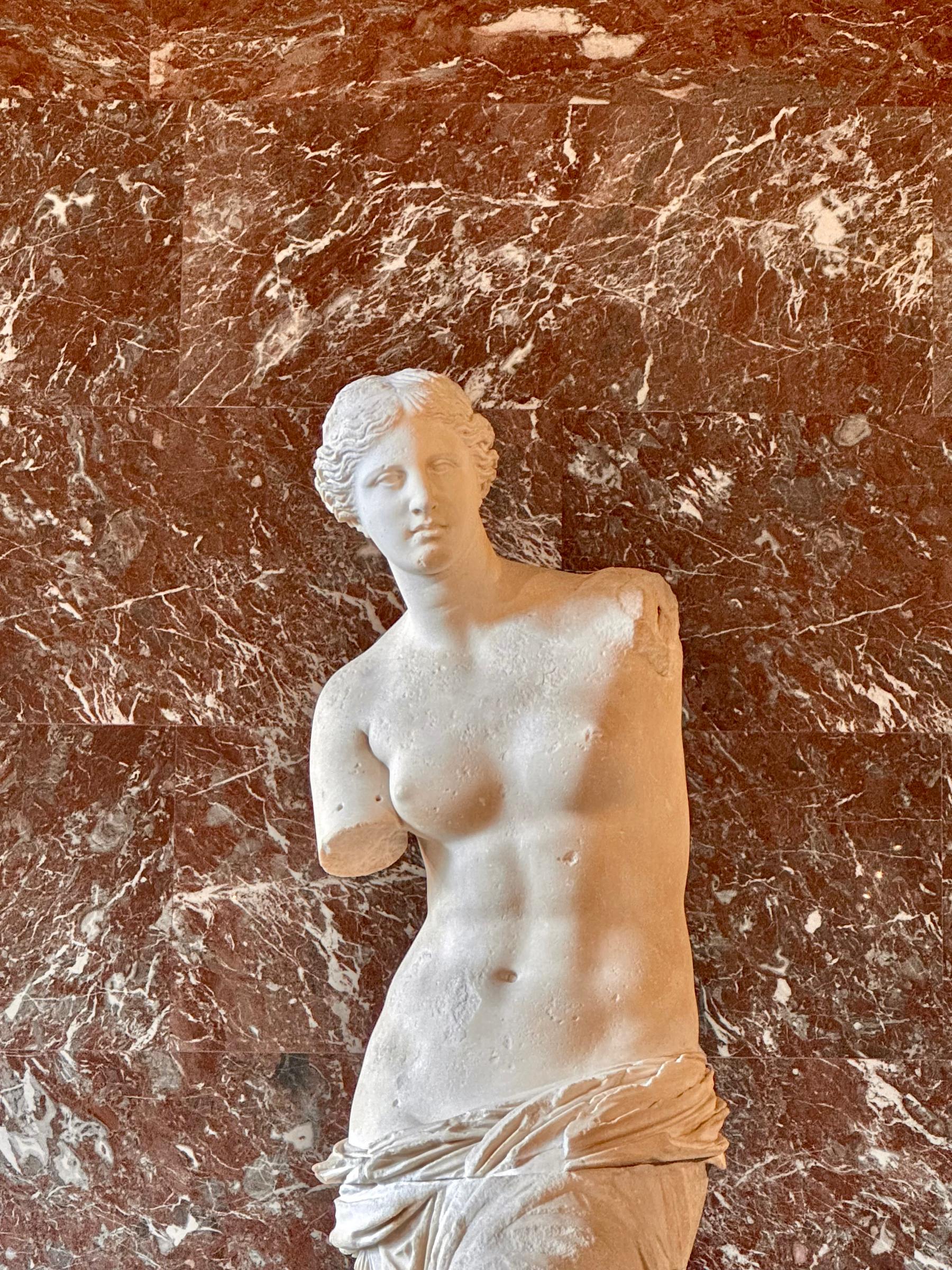 A marble statue of Venus, the Roman goddess of love and beauty, depicted as partially draped and set against a red marble background.