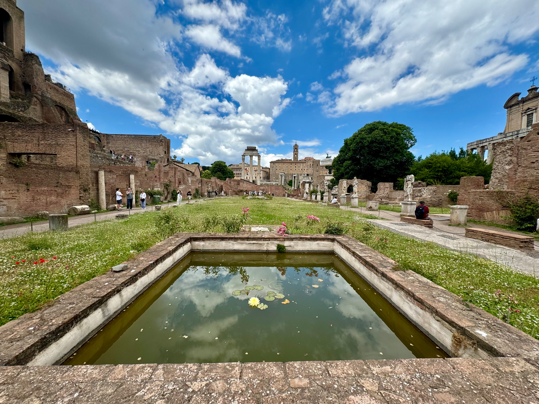 Ancient Roman ruins under a partly cloudy sky. A rectangular reflective pool with water lilies is in the foreground, and scattered statues and grassy areas are visible. People are walking and observing the ruins. Tall stone structures stand in the distance, surrounded by lush, green grass.