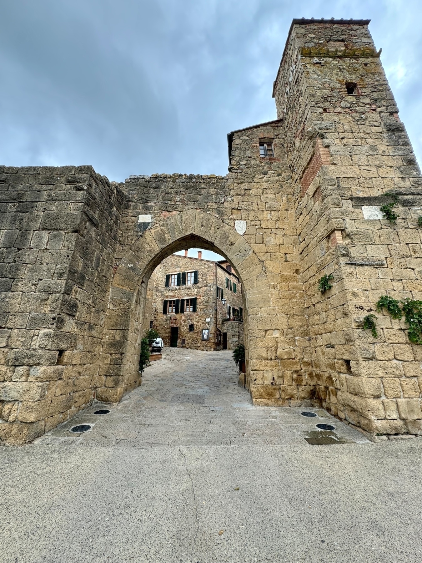 A historic stone archway leads into a cobblestone street lined with old buildings. The cloudy sky adds to the rustic atmosphere.