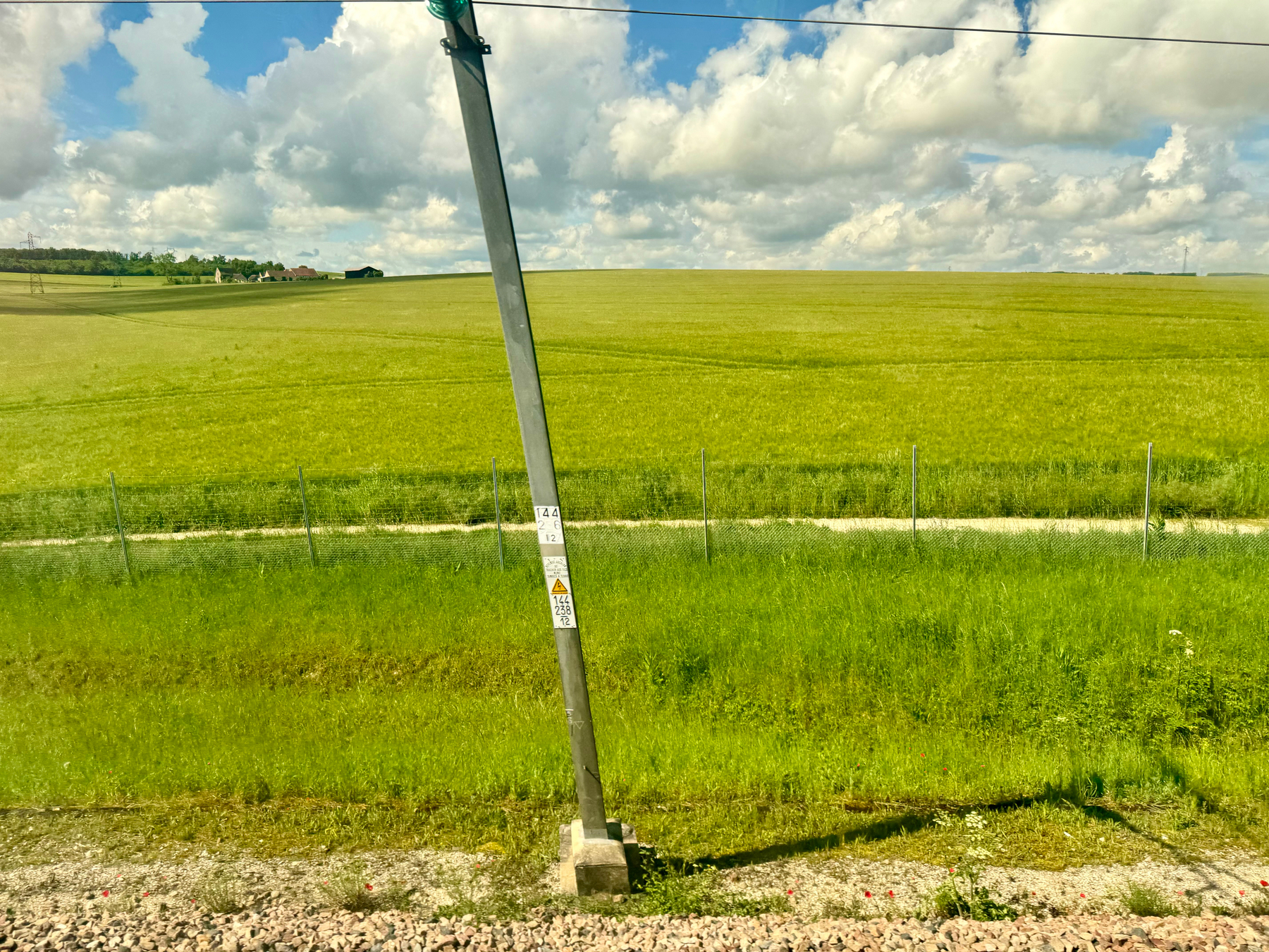 A lush green field under a partly cloudy sky, with a utility pole bearing signs in the foreground, and distant buildings on the horizon.
