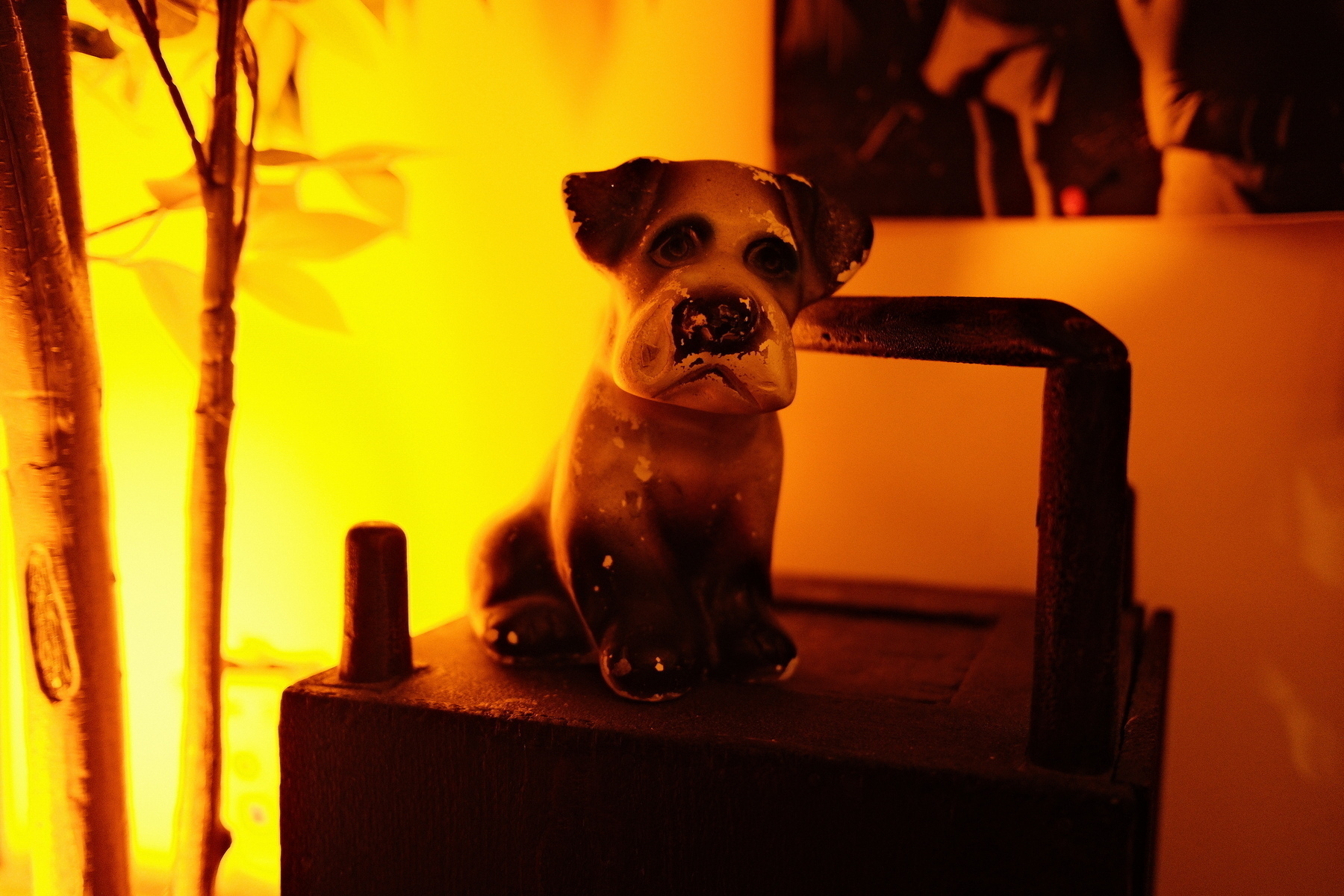 Auto-generated description: A figurine of a dog sits on a box, illuminated by a warm, amber light.