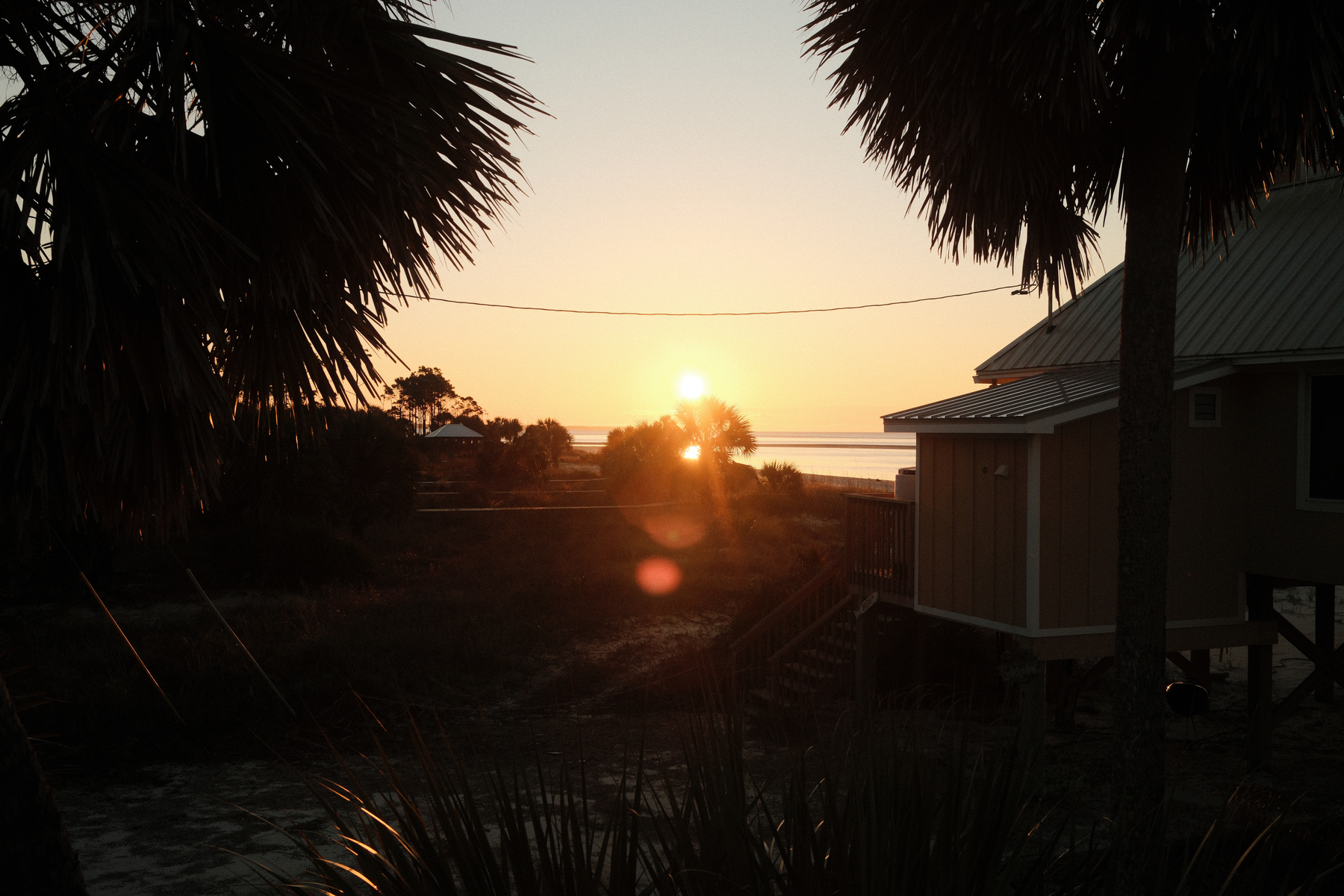 Auto-generated description: A serene coastal sunset is viewed through silhouettes of palm trees and a wooden house.