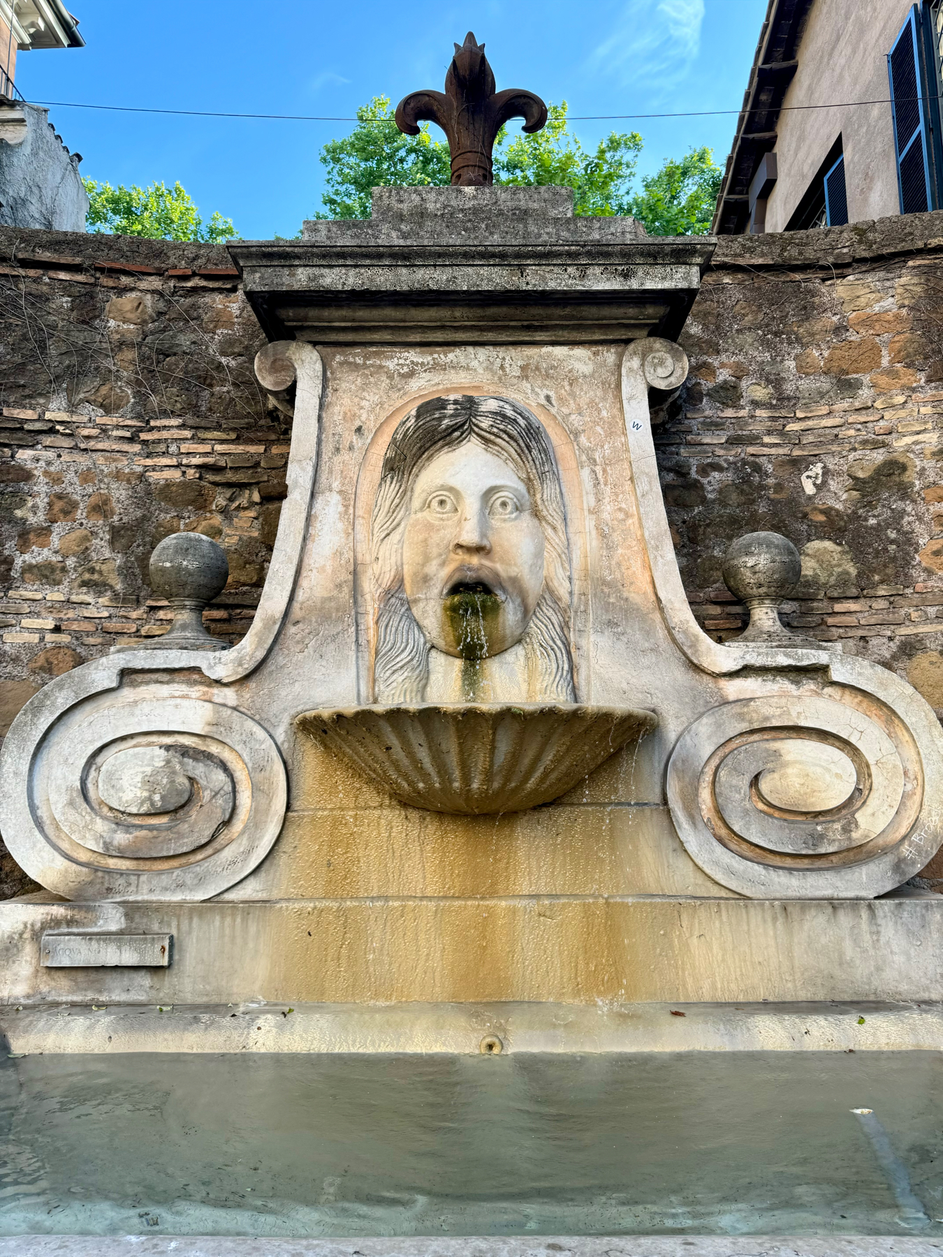 A stone fountain with a grotesque face sculpture has water flowing from its mouth into a basin below. The backdrop includes an old brick wall and parts of nearby buildings, with green trees and a blue sky in the background.