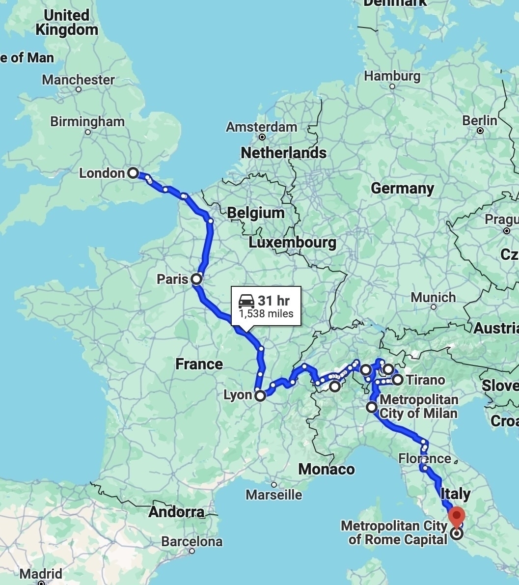 Auto-generated description: A route map shows a 1,538-mile driving journey from London, United Kingdom, through France and Switzerland, ending in Rome, Italy.